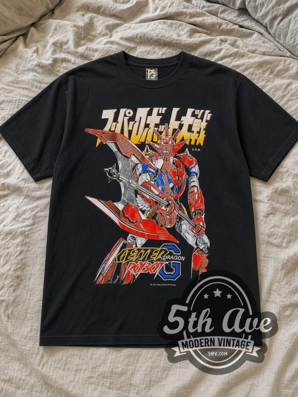 Black Getter Robo Vintage Anime T-Shirt laid flat on a linen bed