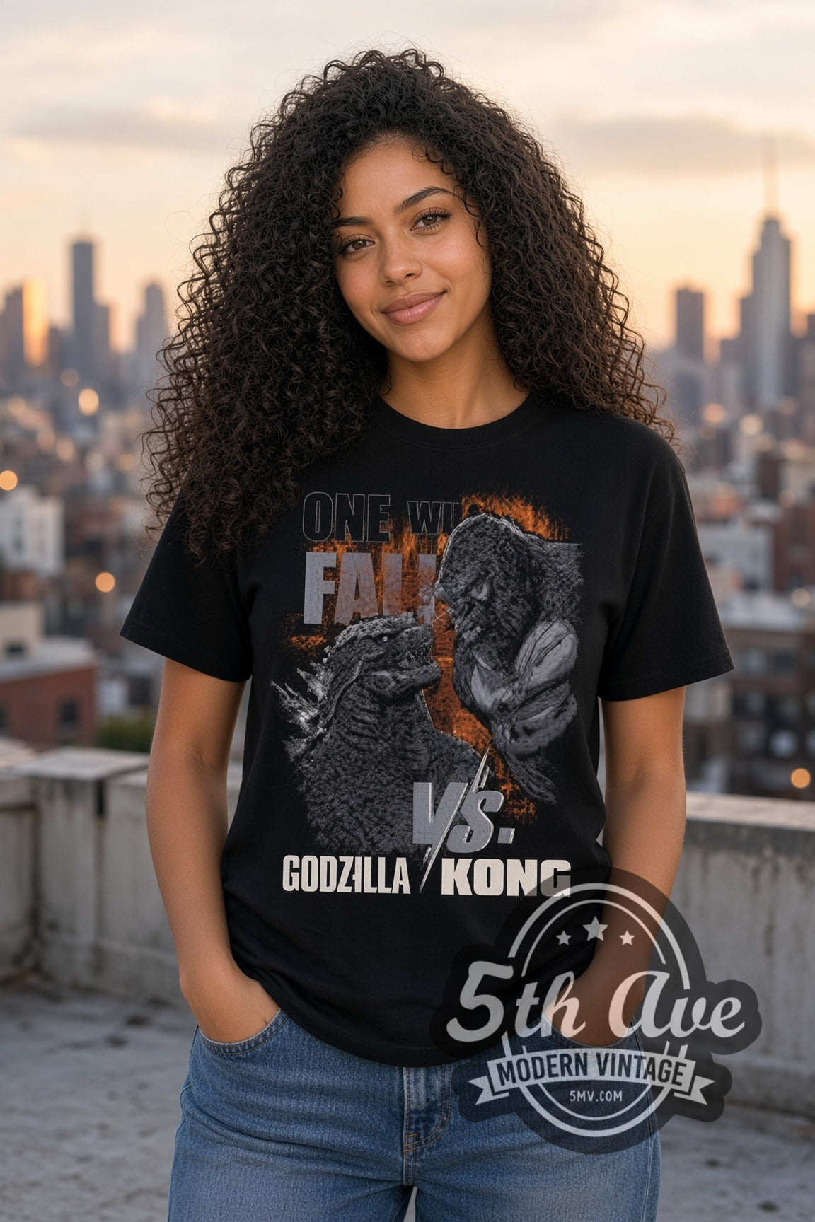 Woman wearing Godzilla vs. Kong One Will Fall double stitched black graphic tee
