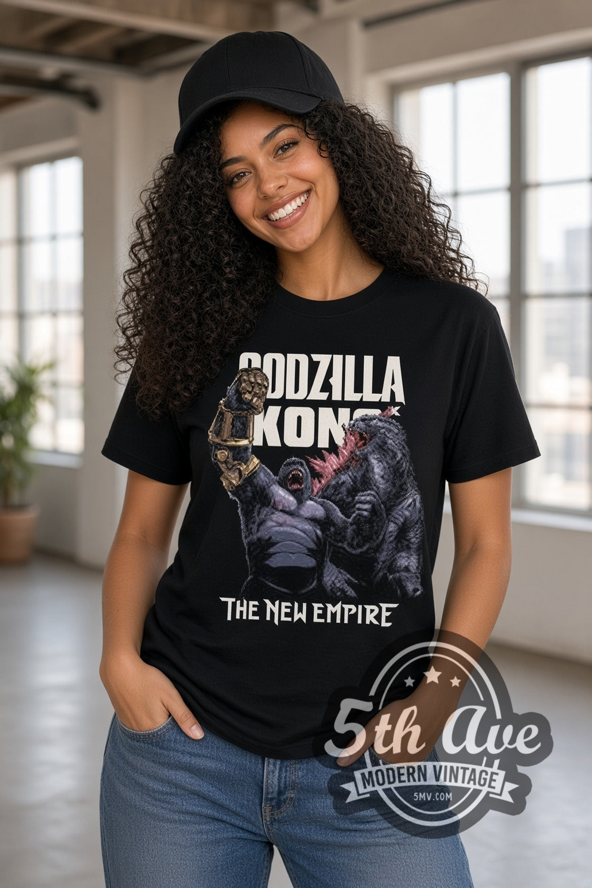 Woman wearing Godzilla x Kong The New Empire double stitched black graphic tee