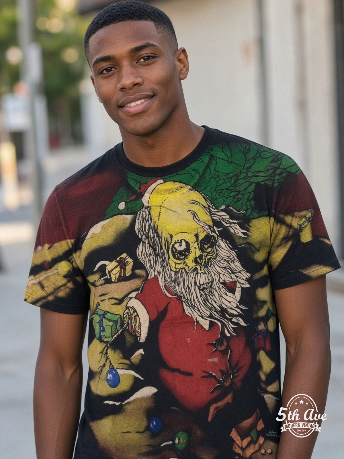 Grateful Dead Psychedelic Santa all over print vintage tee model wearing