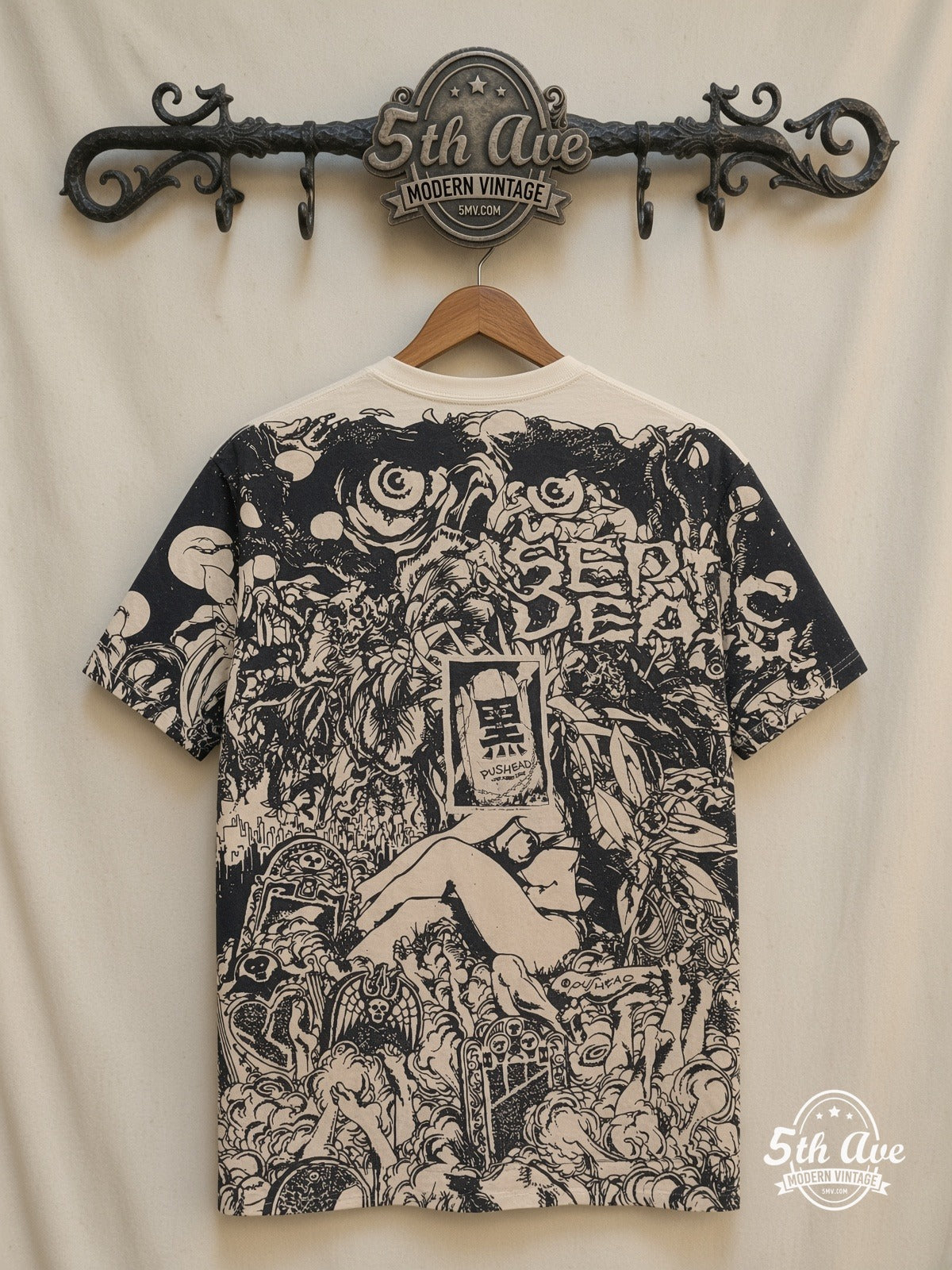 Grateful Dead Skeleton Roses all over print vintage tee back on cream 5th Ave rack