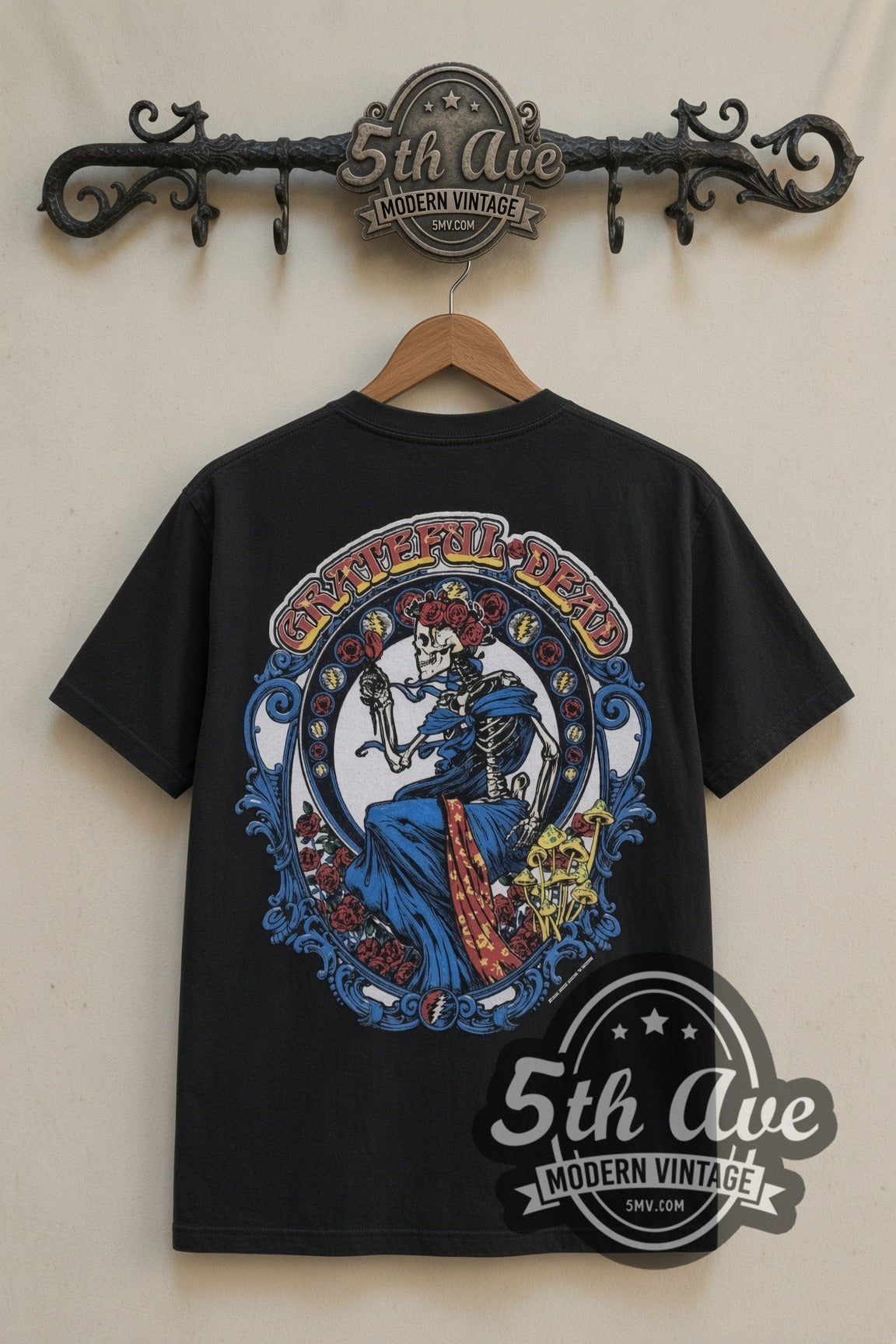 Grateful Dead Steal Your Face & Rose Skeleton Warfield band t-shirt in black, back view on a display rack