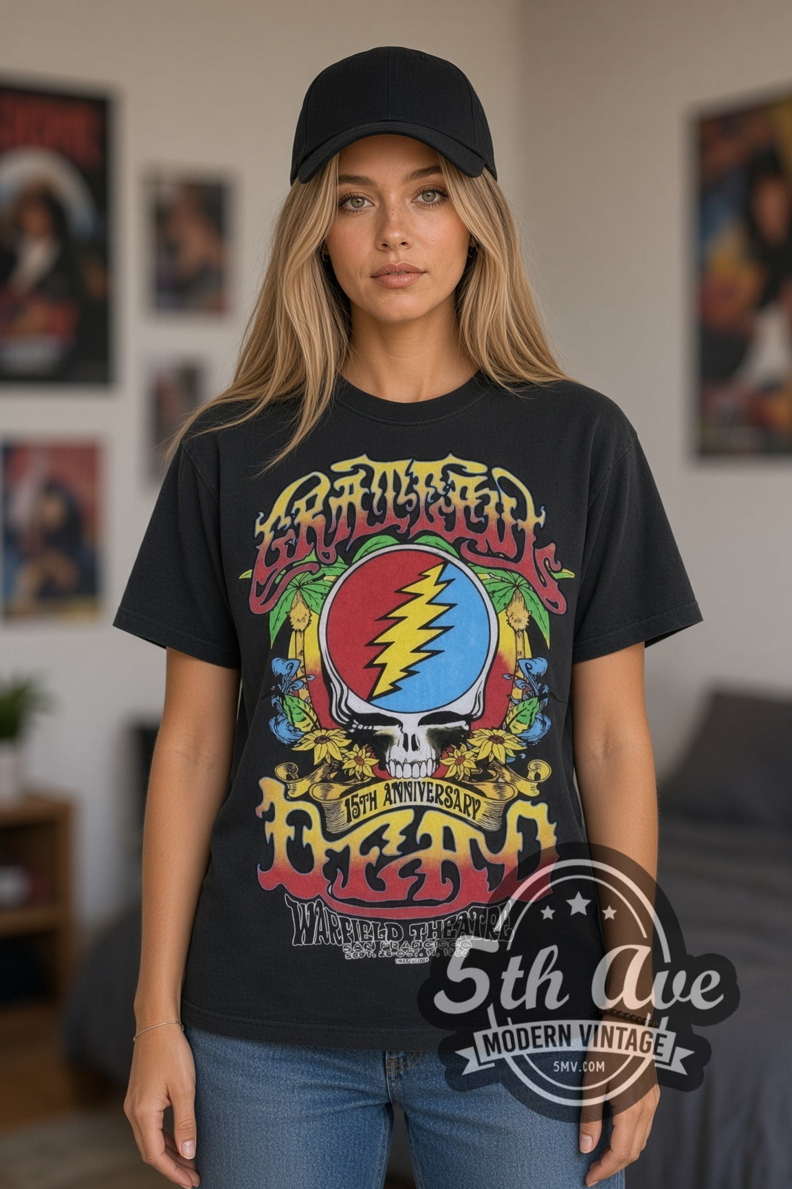 Model wearing the Grateful Dead Steal Your Face & Rose Skeleton Warfield band t-shirt in black