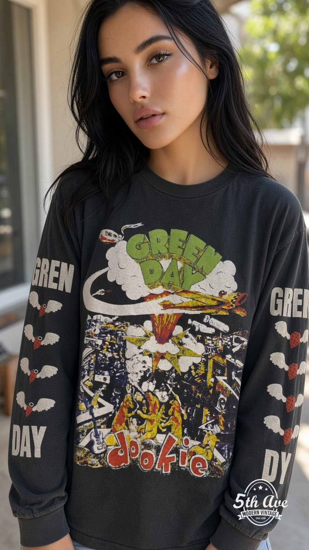 Model wearing Green Day Dookie World Tour 1994 vintage band tee