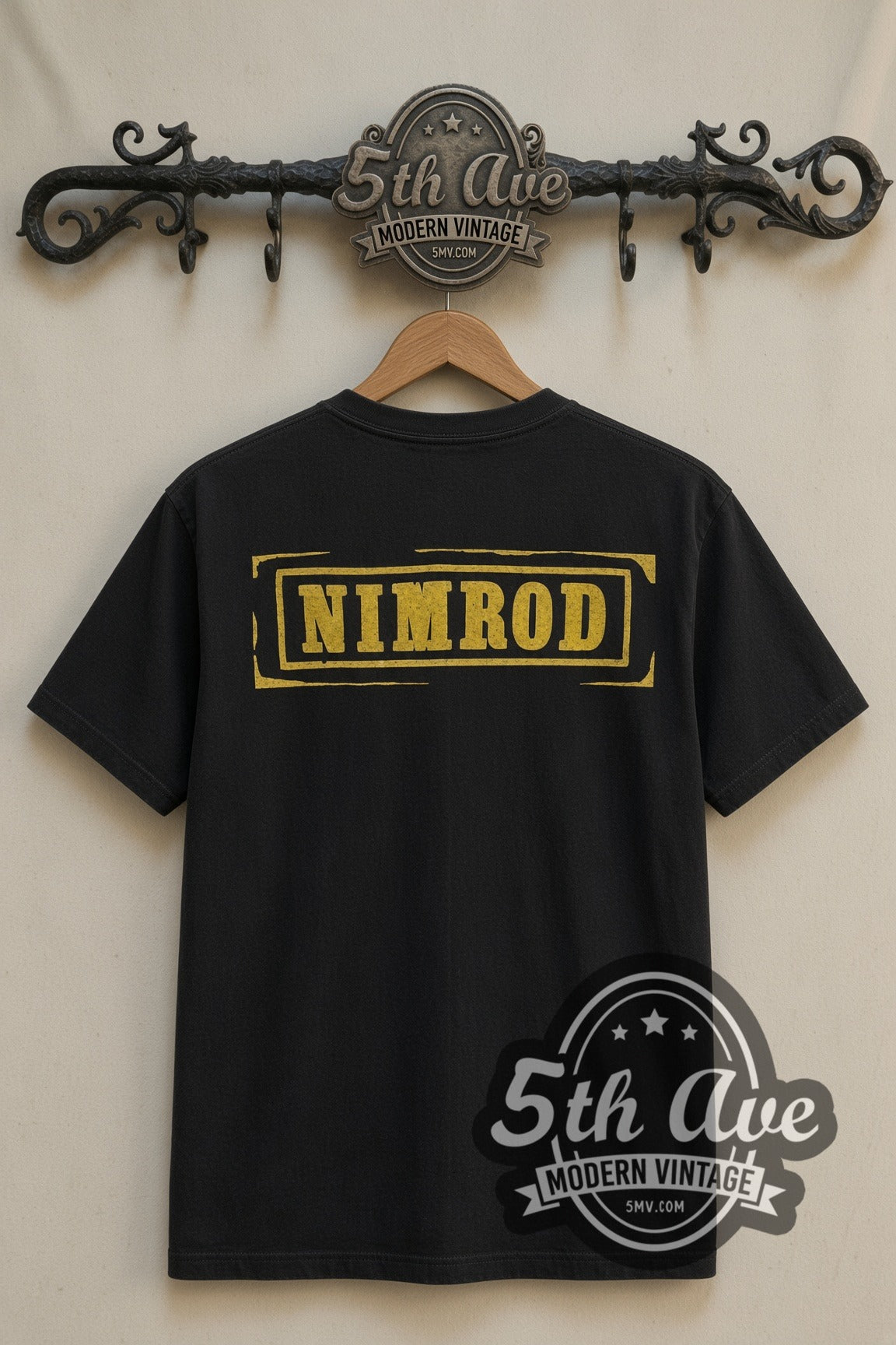 Green Day Nimrod Hammer Skull band t-shirt in black, back view on a display rack