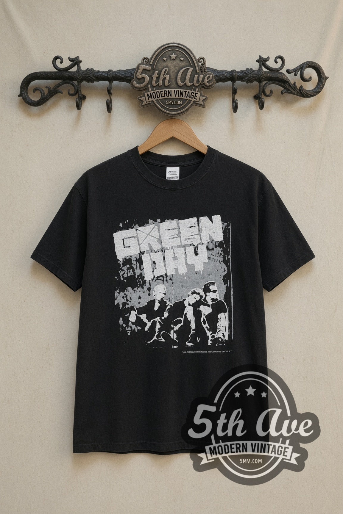 Green Day Tour 1996 Band Photo band t-shirt in black, front view on a display rack