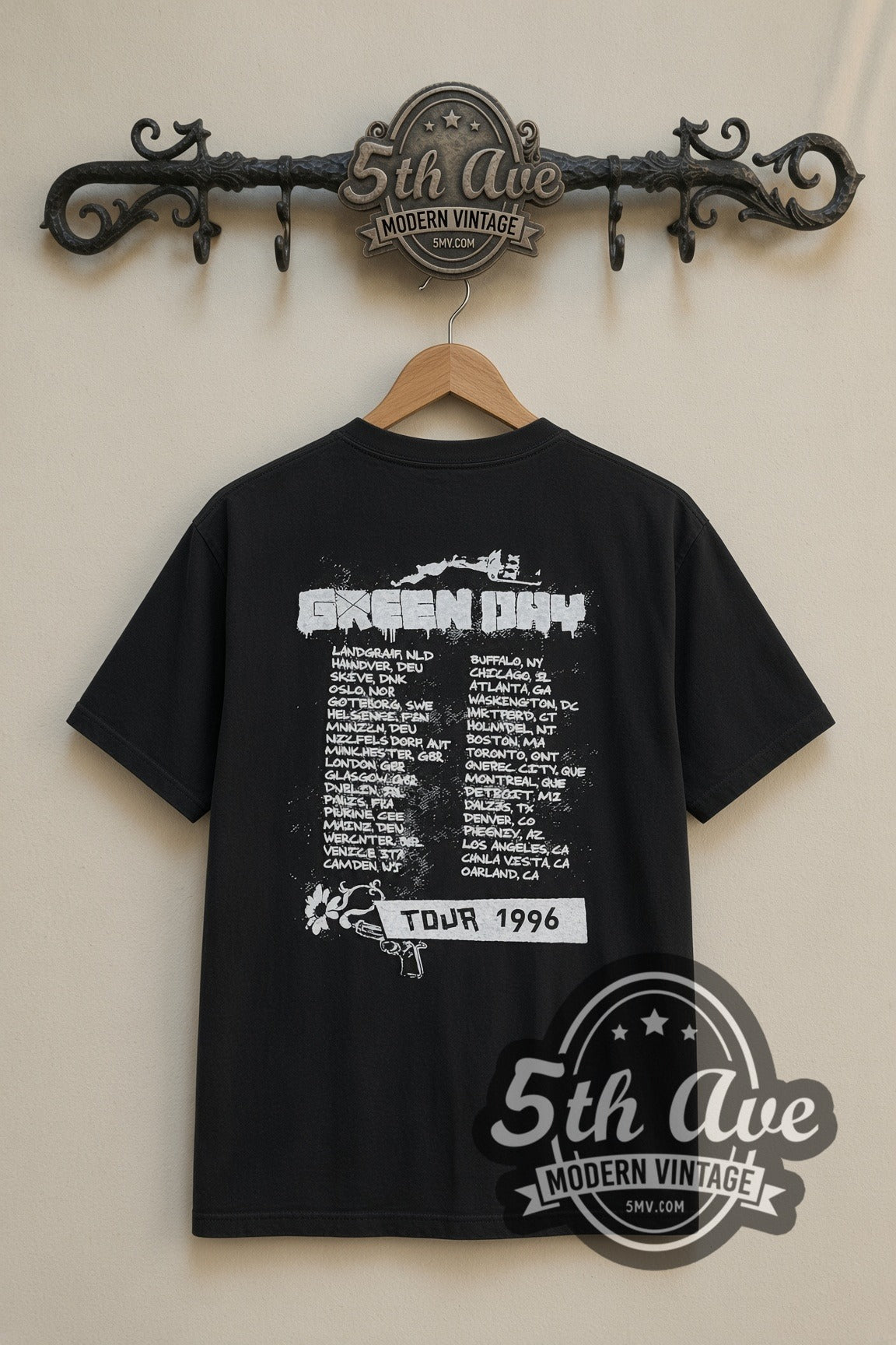 Green Day Tour 1996 Band Photo band t-shirt in black, back view on a display rack