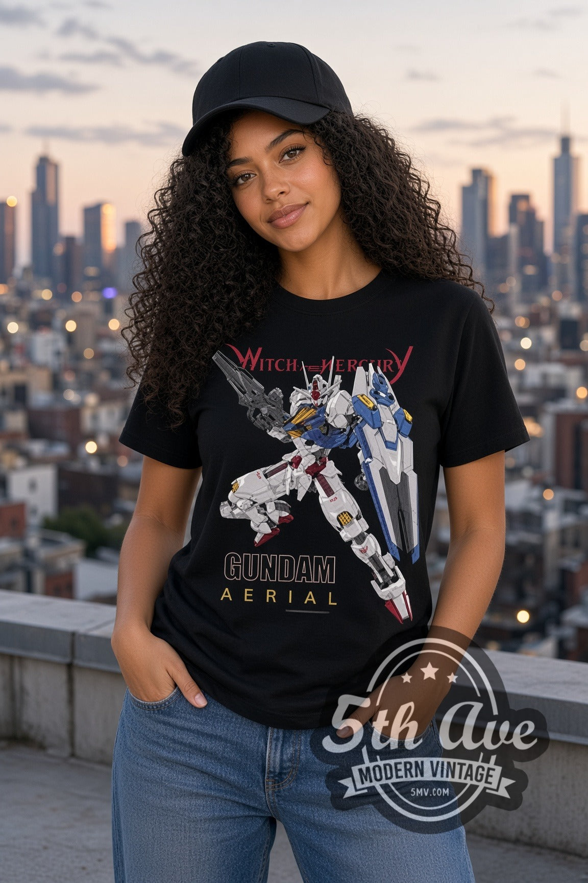 Woman wearing Gundam Witch from Mercury Aerial double stitched black graphic tee