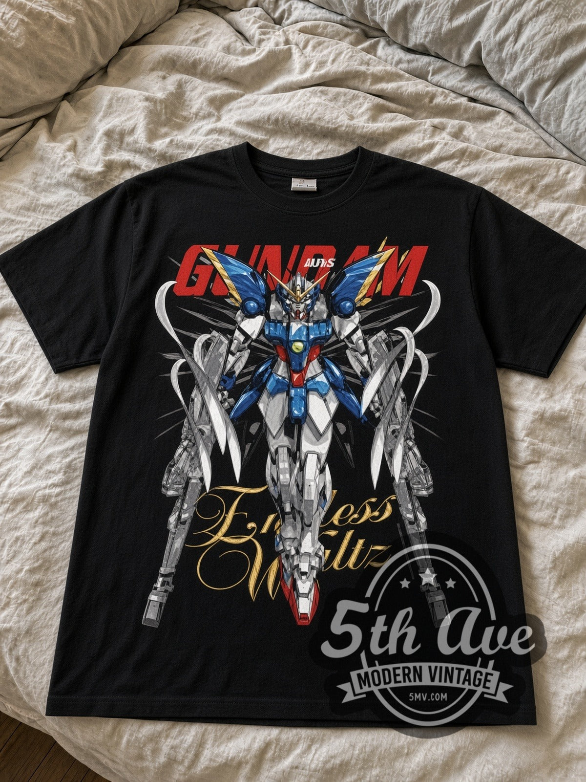 Gundam Wing Endless Waltz Wing Zero black graphic tee laid flat on linen bed