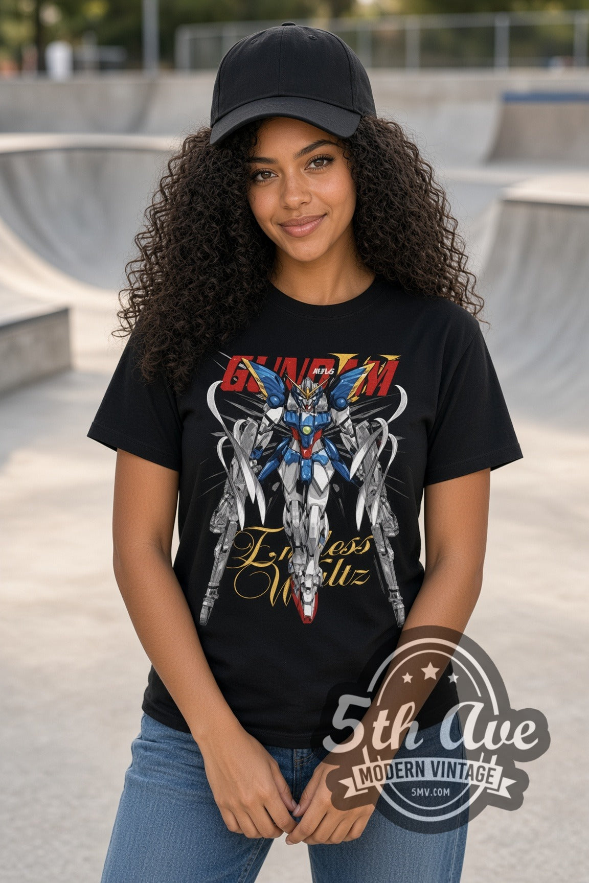Woman wearing Gundam Wing Endless Waltz Wing Zero double stitched black graphic tee