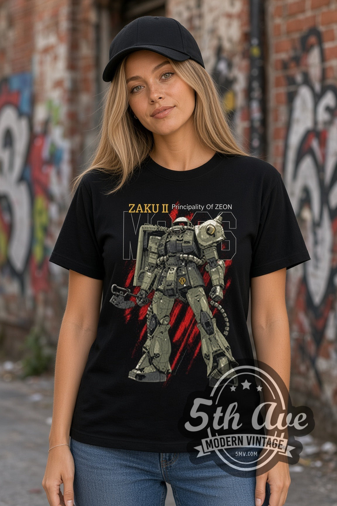 Woman wearing Gundam Zaku II double stitched black graphic tee