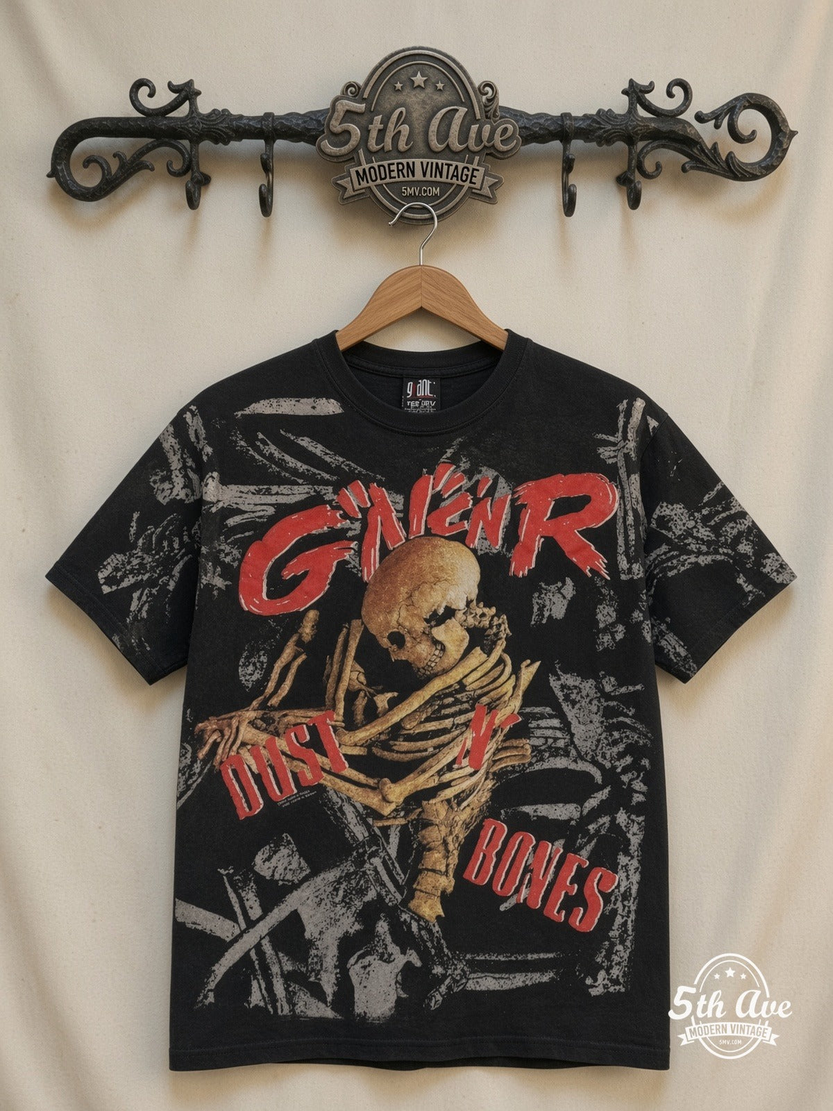 Guns N' Roses Appetite Boxes Skeleton all over print vintage band t-shirt front on cream 5th Ave rack
