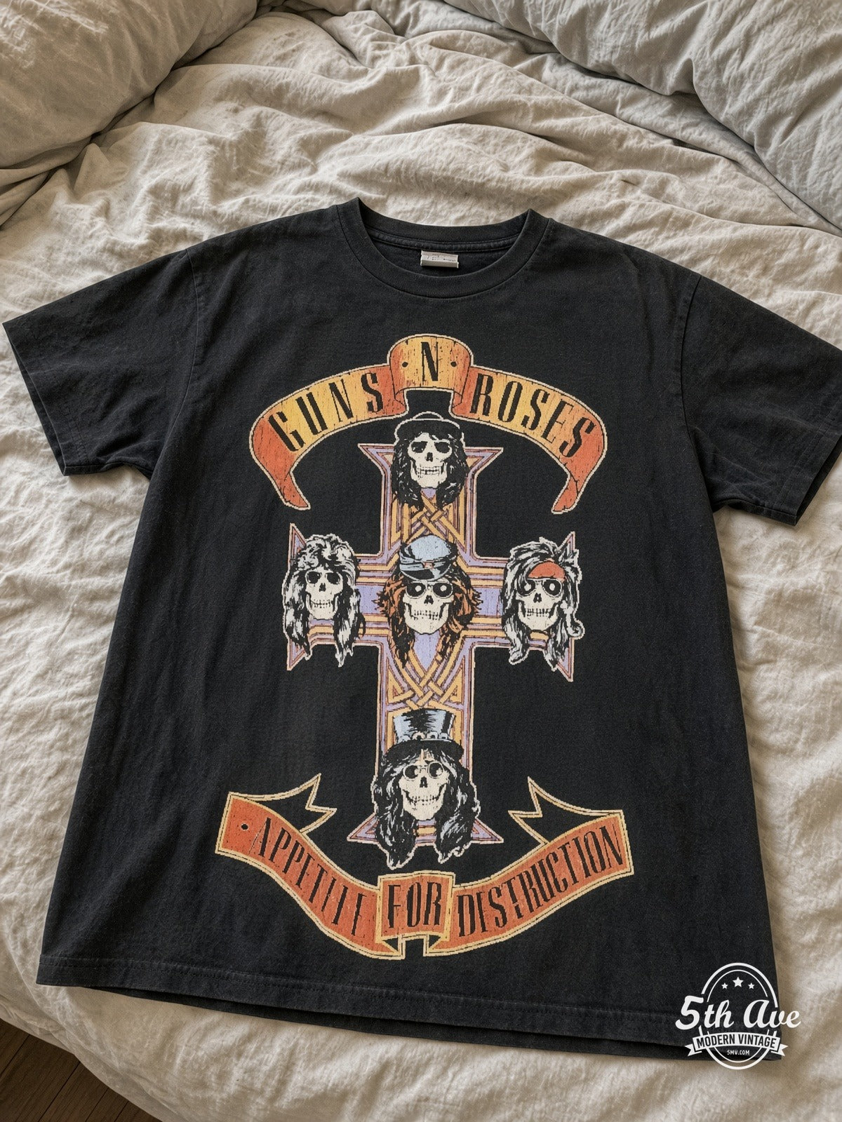 Guns N' Roses Appetite Cross Skull all over print vintage tee laid on bed