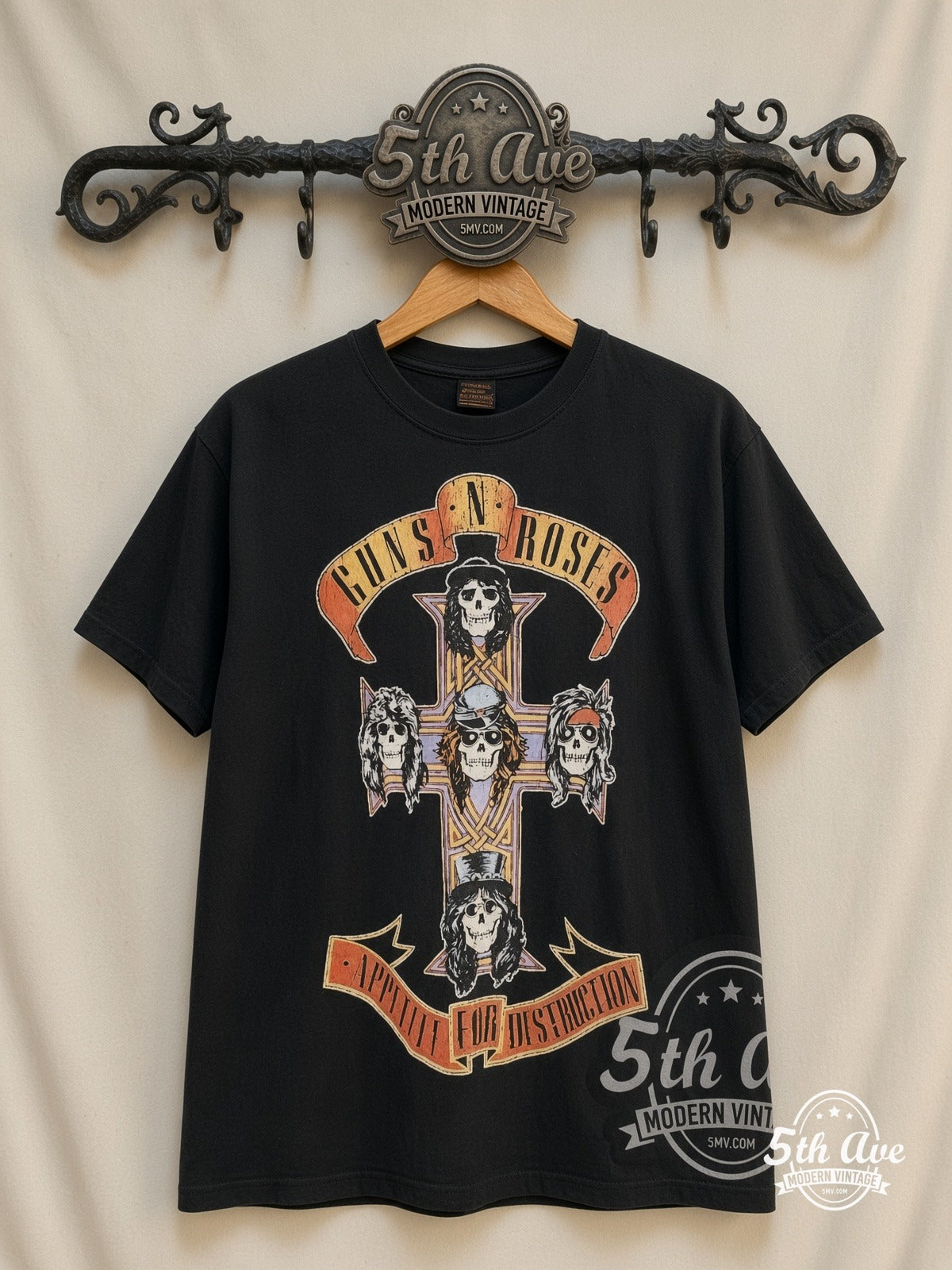 Guns N' Roses Appetite Cross Skull all over print vintage band t-shirt front on cream 5th Ave rack
