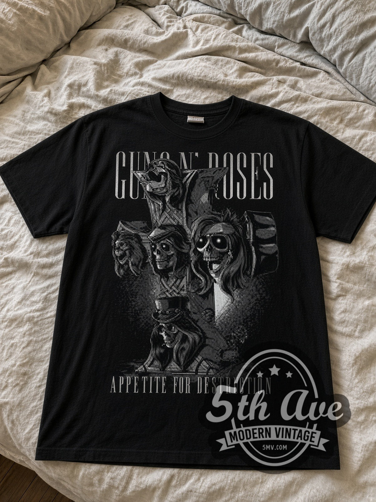 Guns N' Roses Appetite Cross Skulls Grey black graphic tee laid flat on linen bed