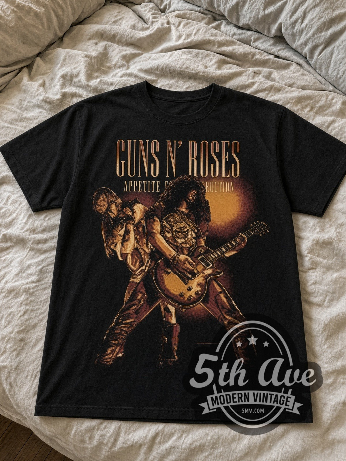 Guns N' Roses Appetite Slash and Axl Live black graphic tee laid flat on linen bed
