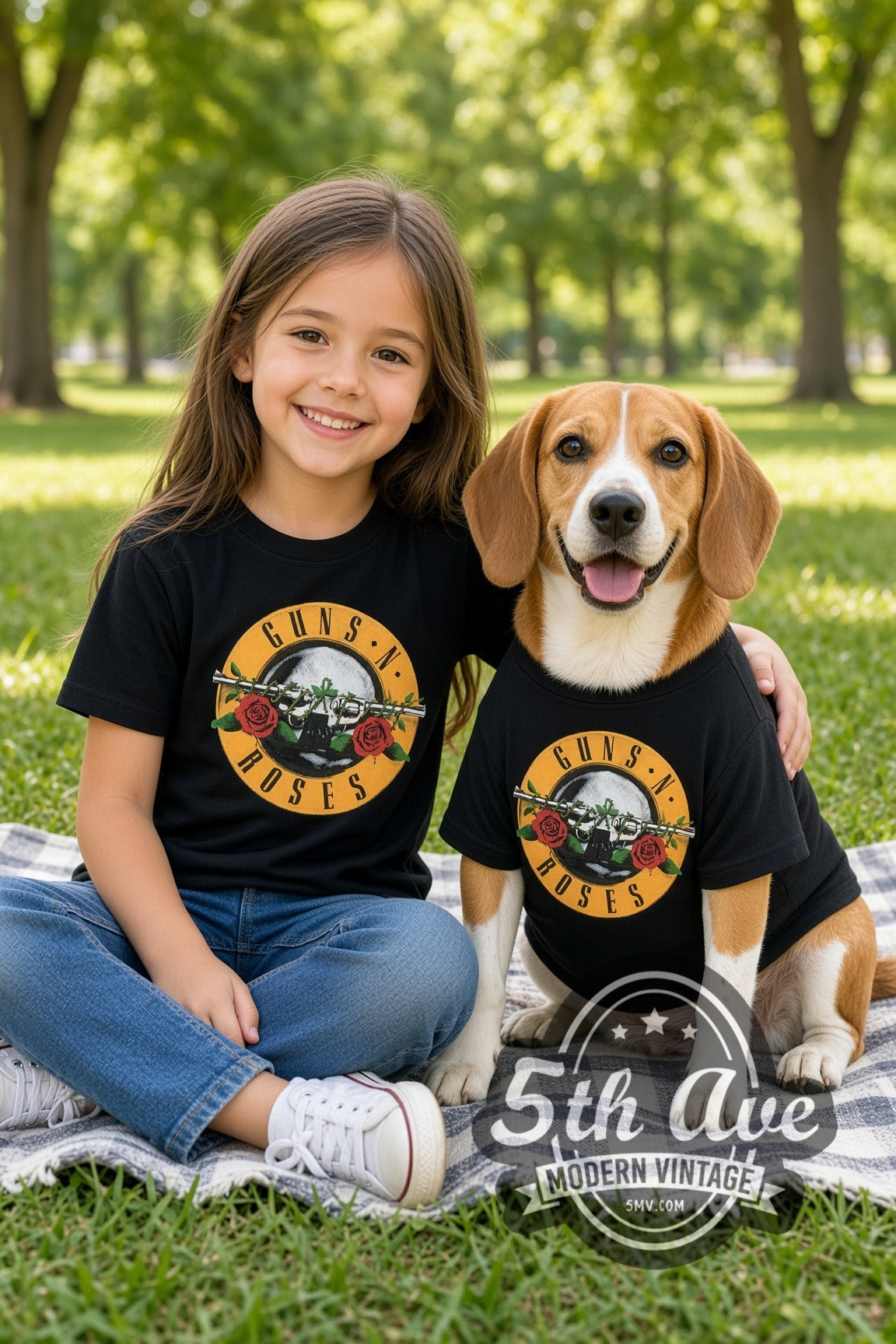 Child and dog both wearing the Guns N' Roses Bullet Logo Was Here kids band tee in black