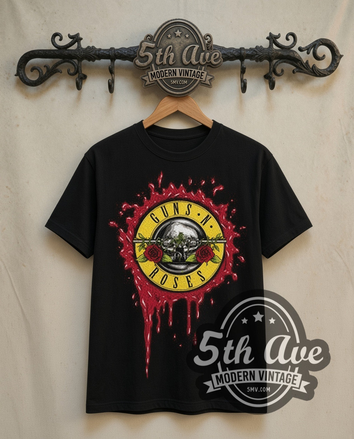 Guns N' Roses Bullet Logo with Blood Drip double stitched black vintage band tee front on dark iron 5th Ave rack