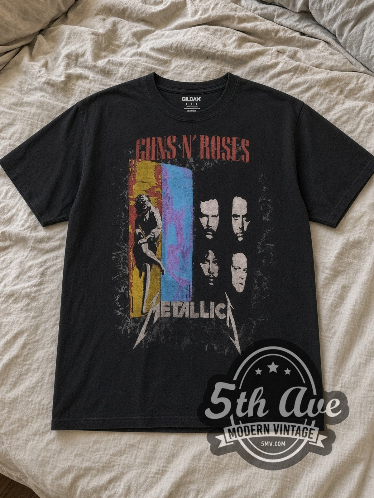 Black Guns N' Roses and Metallica 1992 Stadium Tour Vintage Band T-Shirt laid flat on a linen bed