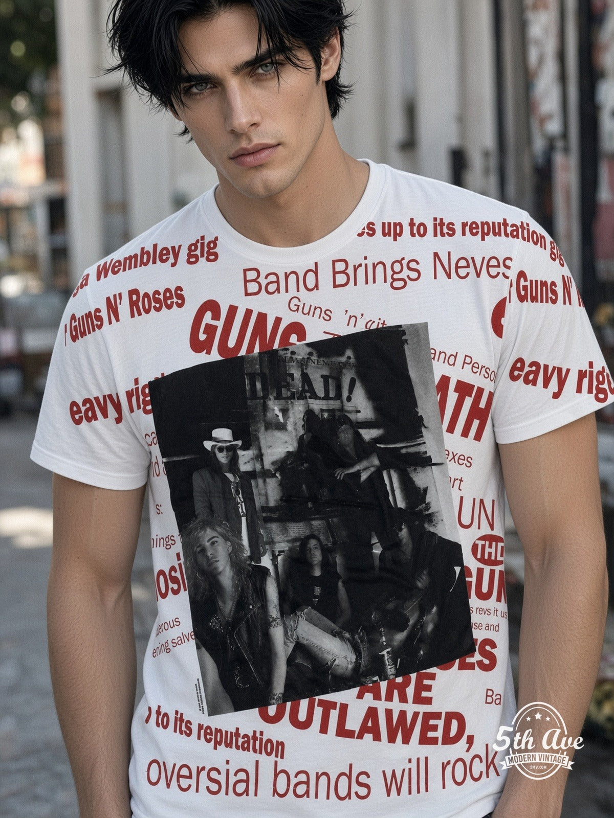 Guns N' Roses Newspaper Outlawed V2 all over print vintage tee model wearing