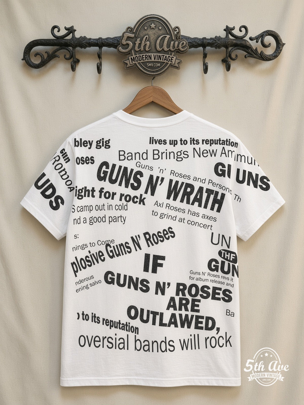 Guns N' Roses Newspaper Outlawed all over print vintage tee back on cream 5th Ave rack