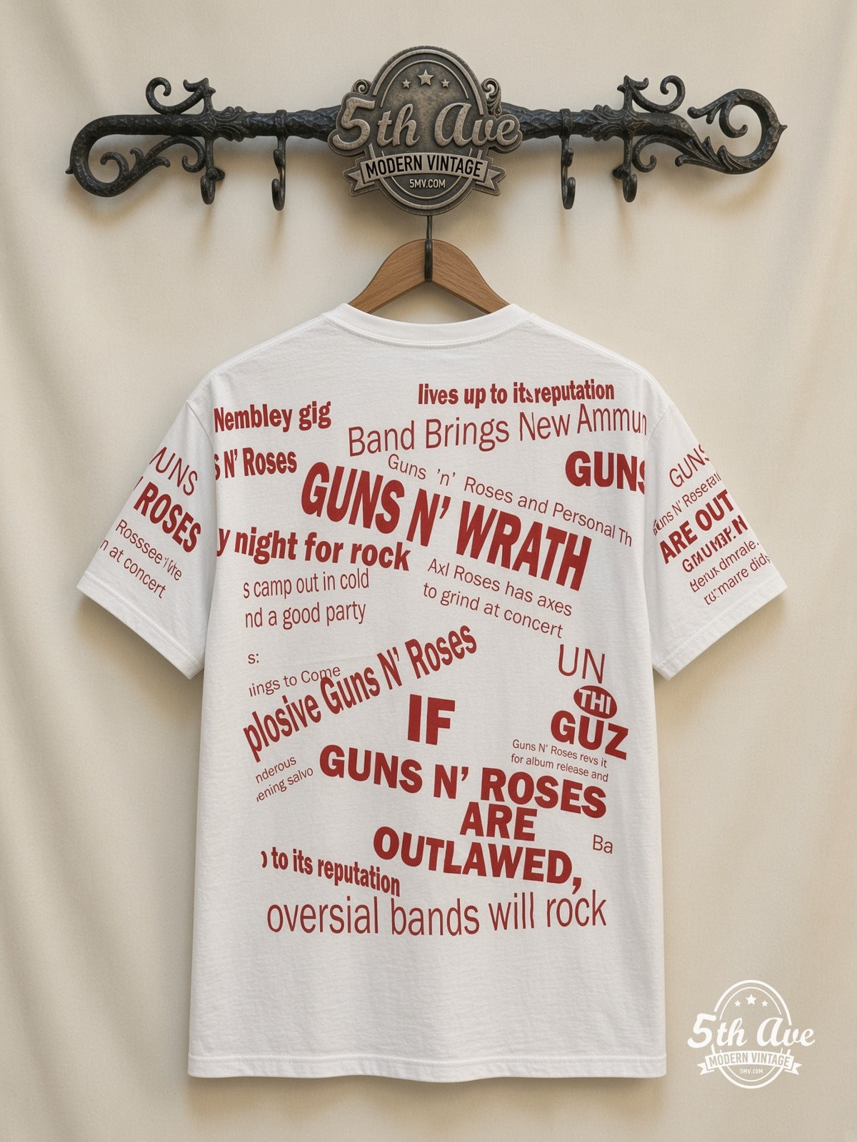 Guns N' Roses Newspaper Outlawed V2 all over print vintage tee back on cream 5th Ave rack
