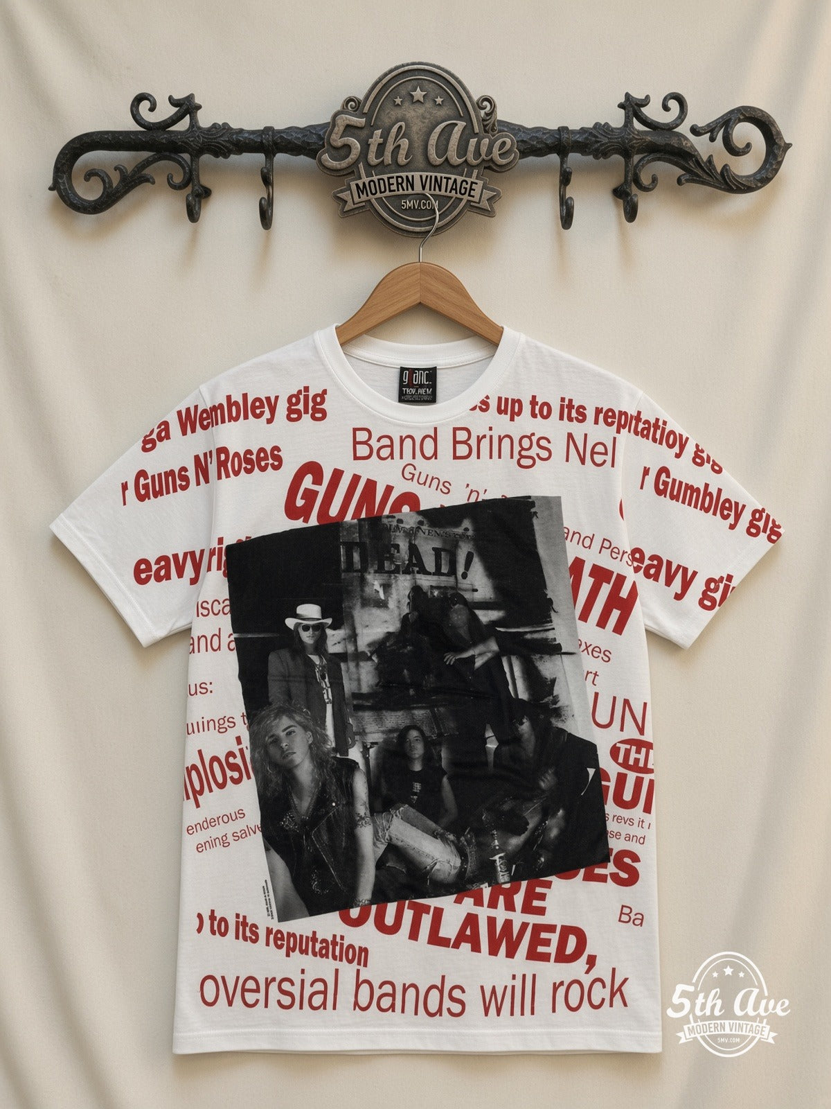 Guns N' Roses Newspaper Outlawed V2 all over print vintage band t-shirt front on cream 5th Ave rack