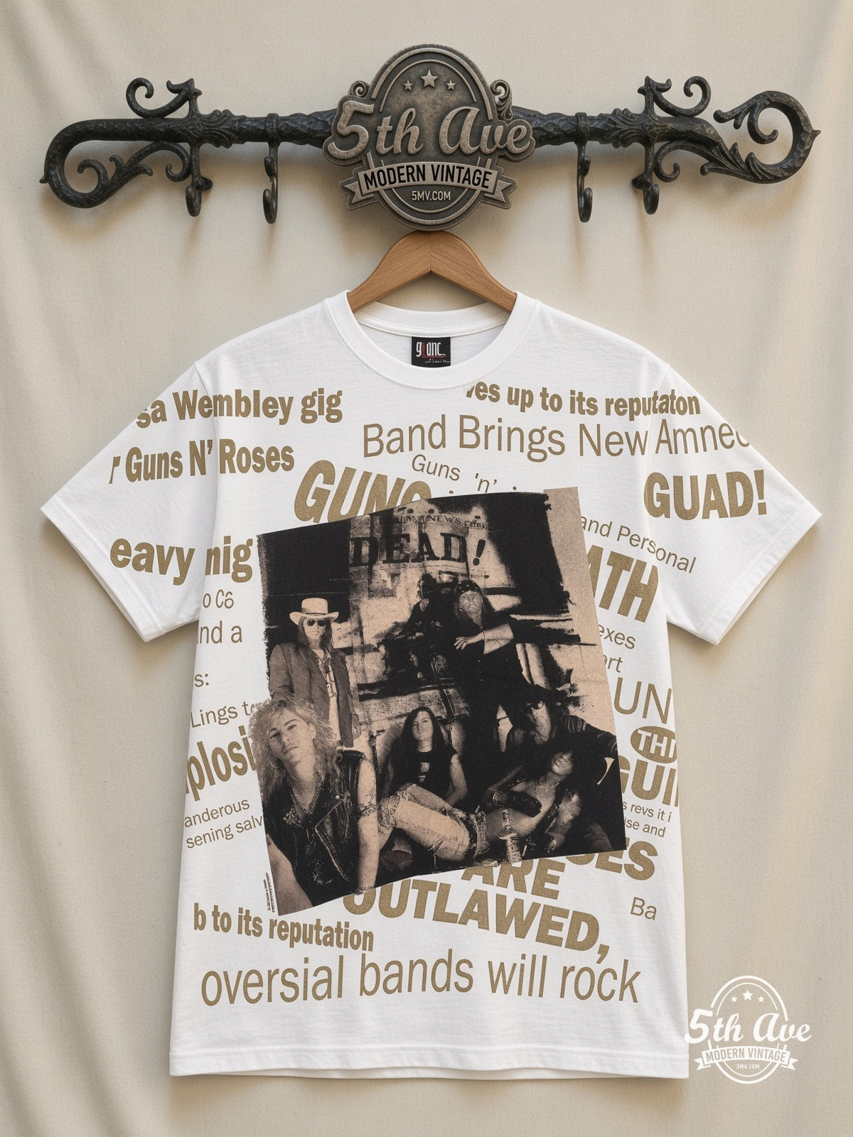 Guns N' Roses Newspaper Outlawed all over print vintage band t-shirt front on cream 5th Ave rack
