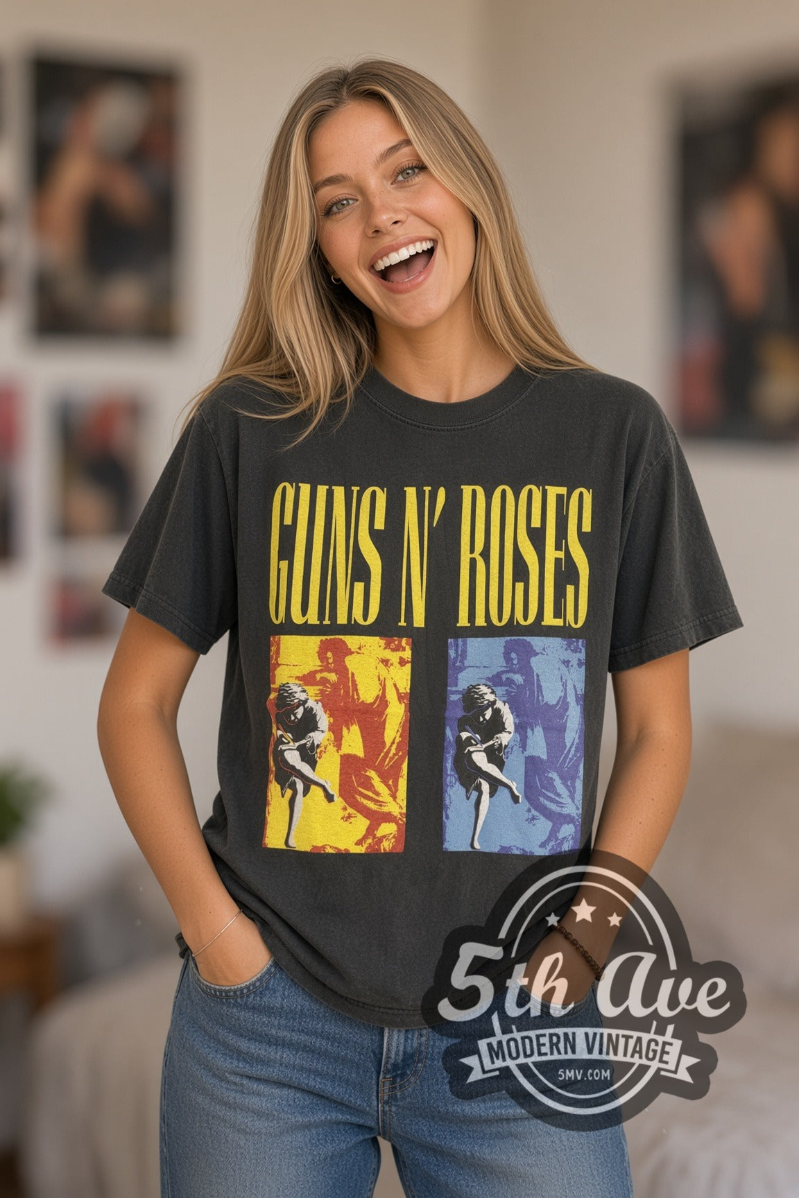 Woman wearing faded black Guns N' Roses Use Your Illusion Tour 1992 Europe vintage band t-shirt