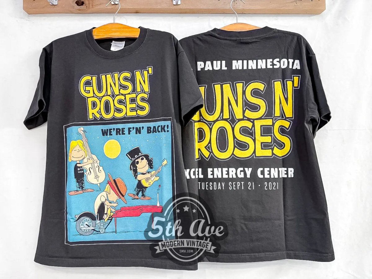 Guns N' Roses x Peanuts Snoopy WE'RE F'N BACK! - Vintage Reprint Animation T-Shirt - Vintage Band Shirts