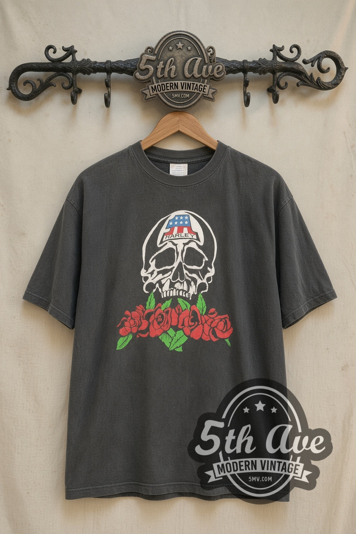 Harley-Davidson #1 Helmet Skull and Roses Dealer Back vintage graphic tee front on cream 5th Ave rack