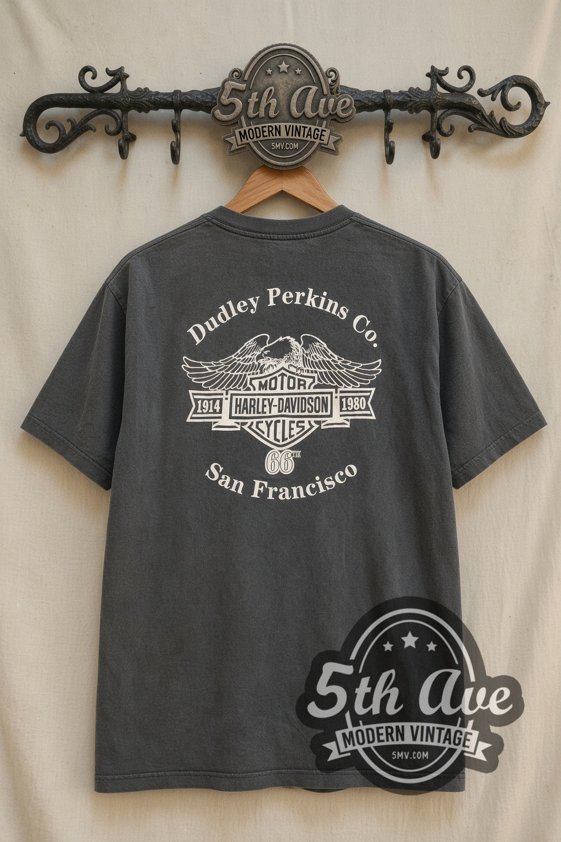 Harley-Davidson #1 Helmet Skull and Roses Dealer Back vintage graphic tee back on cream 5th Ave rack