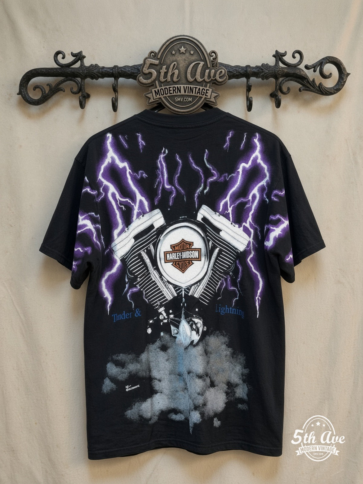 Harley-Davidson Thunder and Lightning Engine vintage graphic tee back on rack