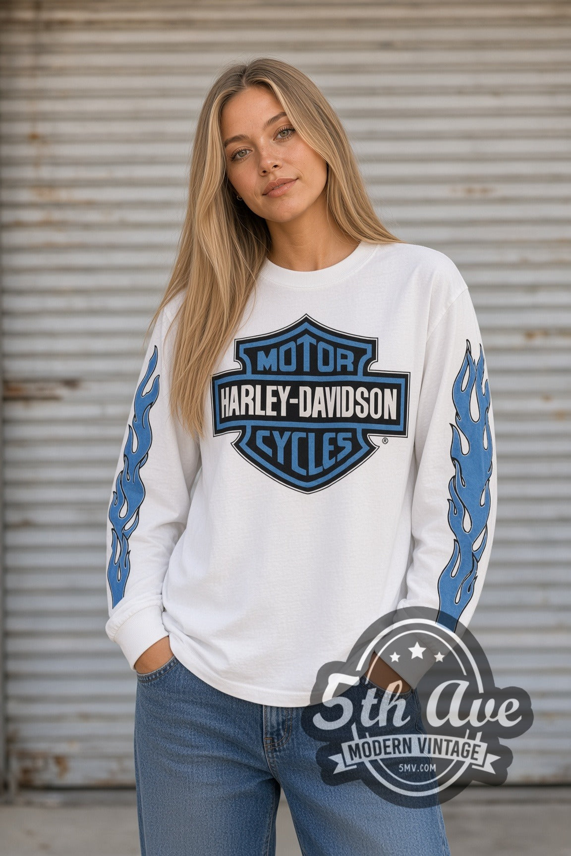 Woman wearing white Harley-Davidson blue flames vintage long sleeve t-shirt