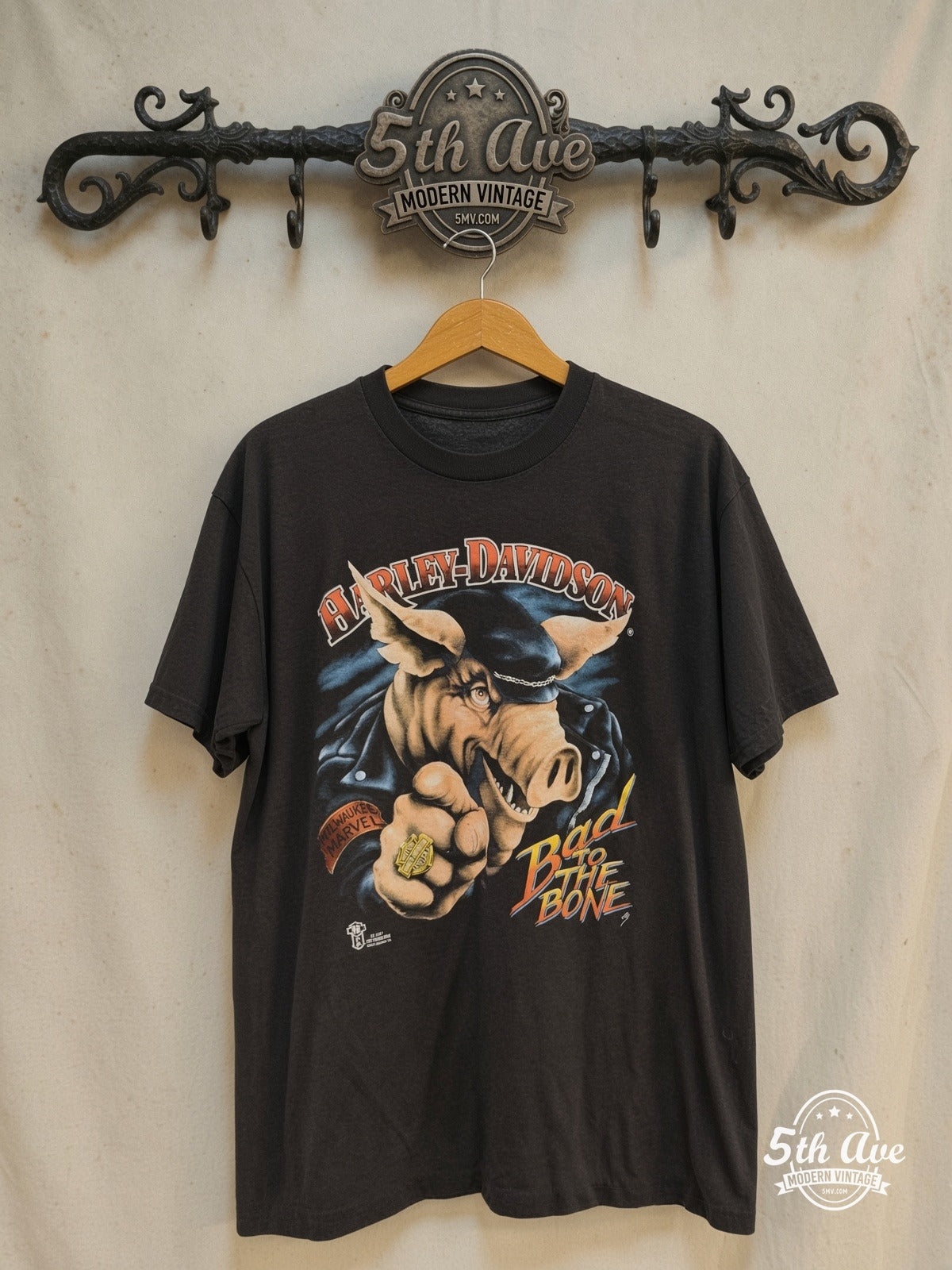 Harley-Davidson Bad to the Bone Lake Shore Waukegan IL vintage t-shirt on rack