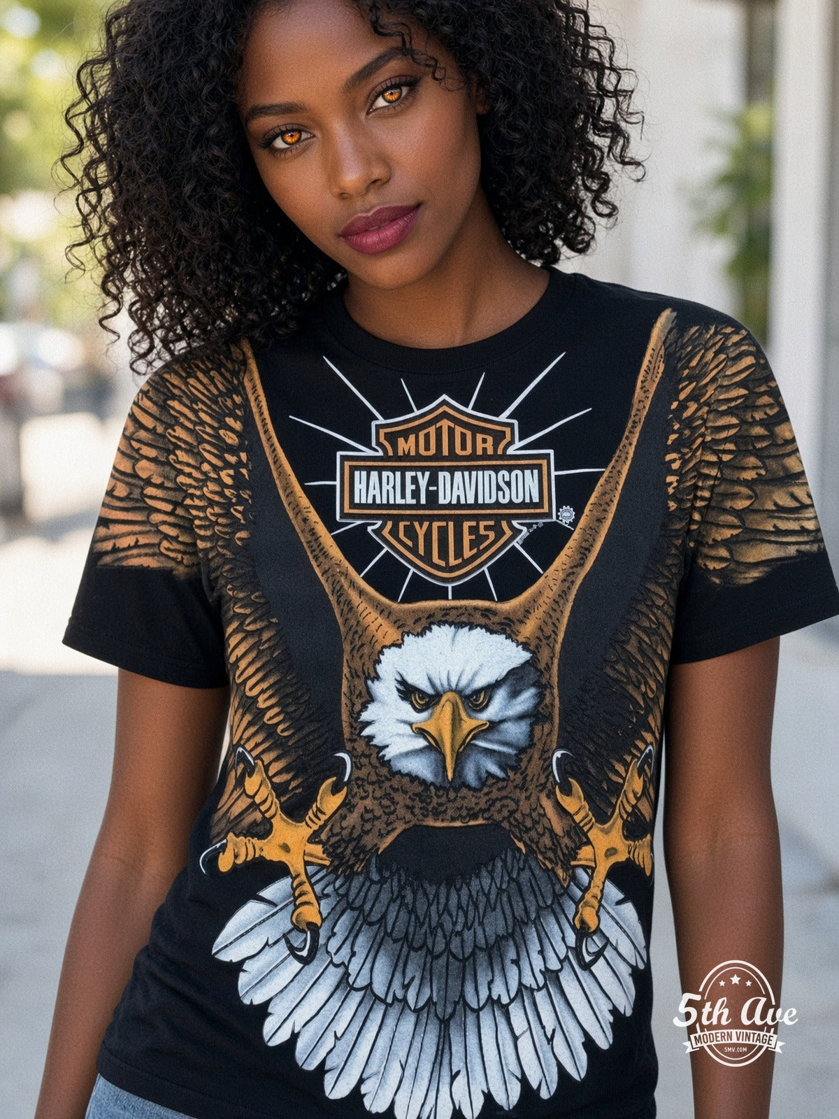 Harley-Davidson Bald Eagle Bar Shield all over print vintage tee model wearing