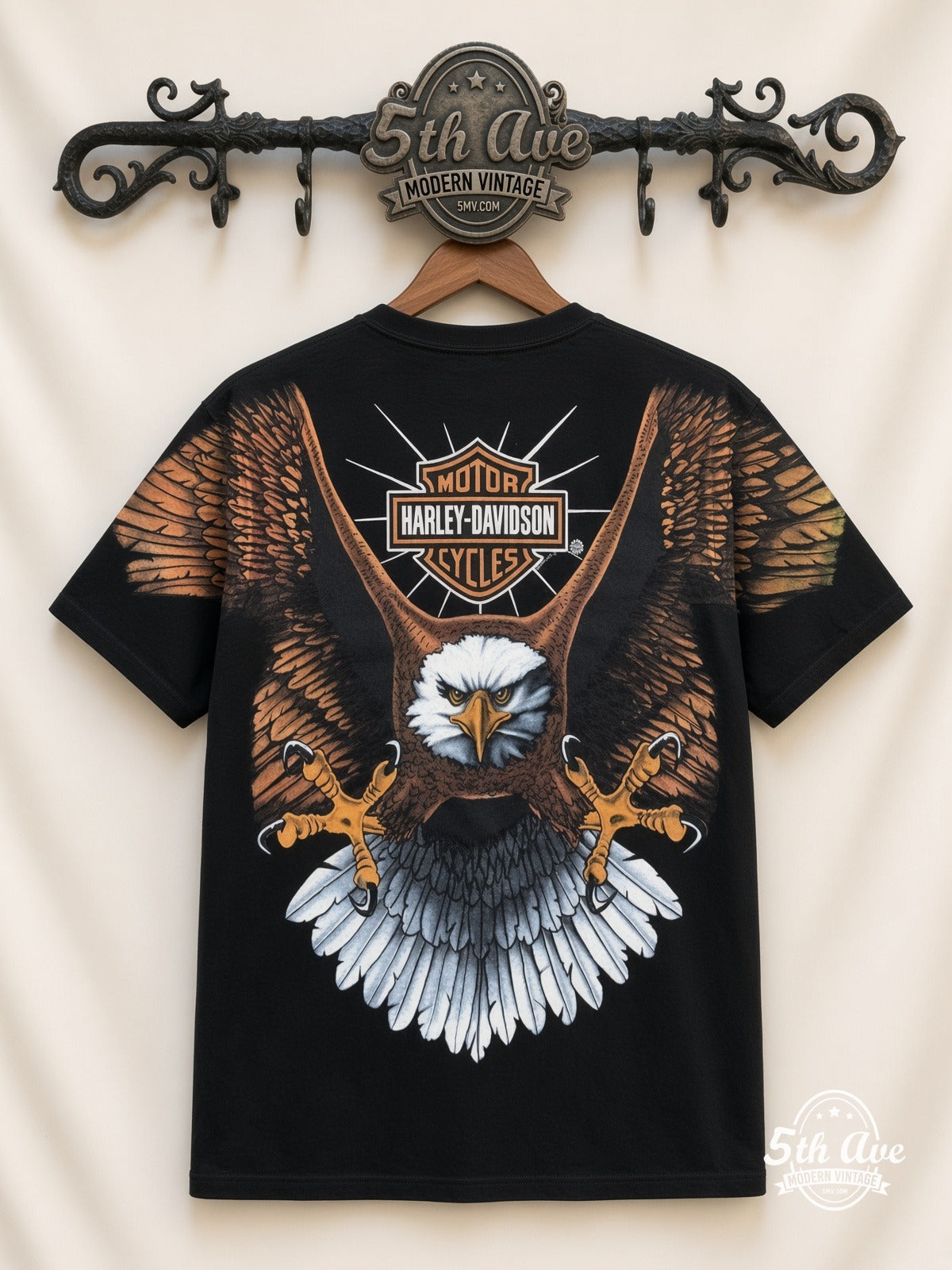 Harley-Davidson Bald Eagle Bar Shield all over print vintage tee back on cream 5th Ave rack