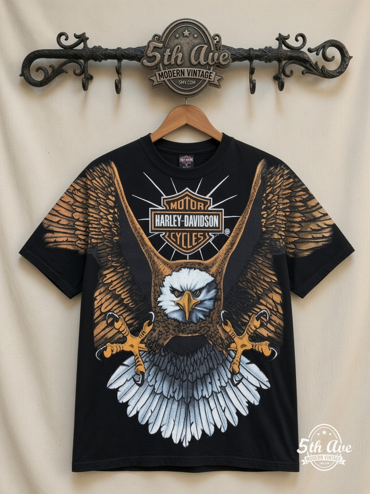 Harley-Davidson Bald Eagle Bar Shield all over print vintage graphic tee front on cream 5th Ave rack