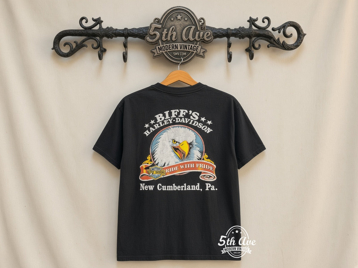 Harley-Davidson – Black Hills New Cumberland PA – Vintage Graphic Tee vintage tee on 5th Ave cream rack — back