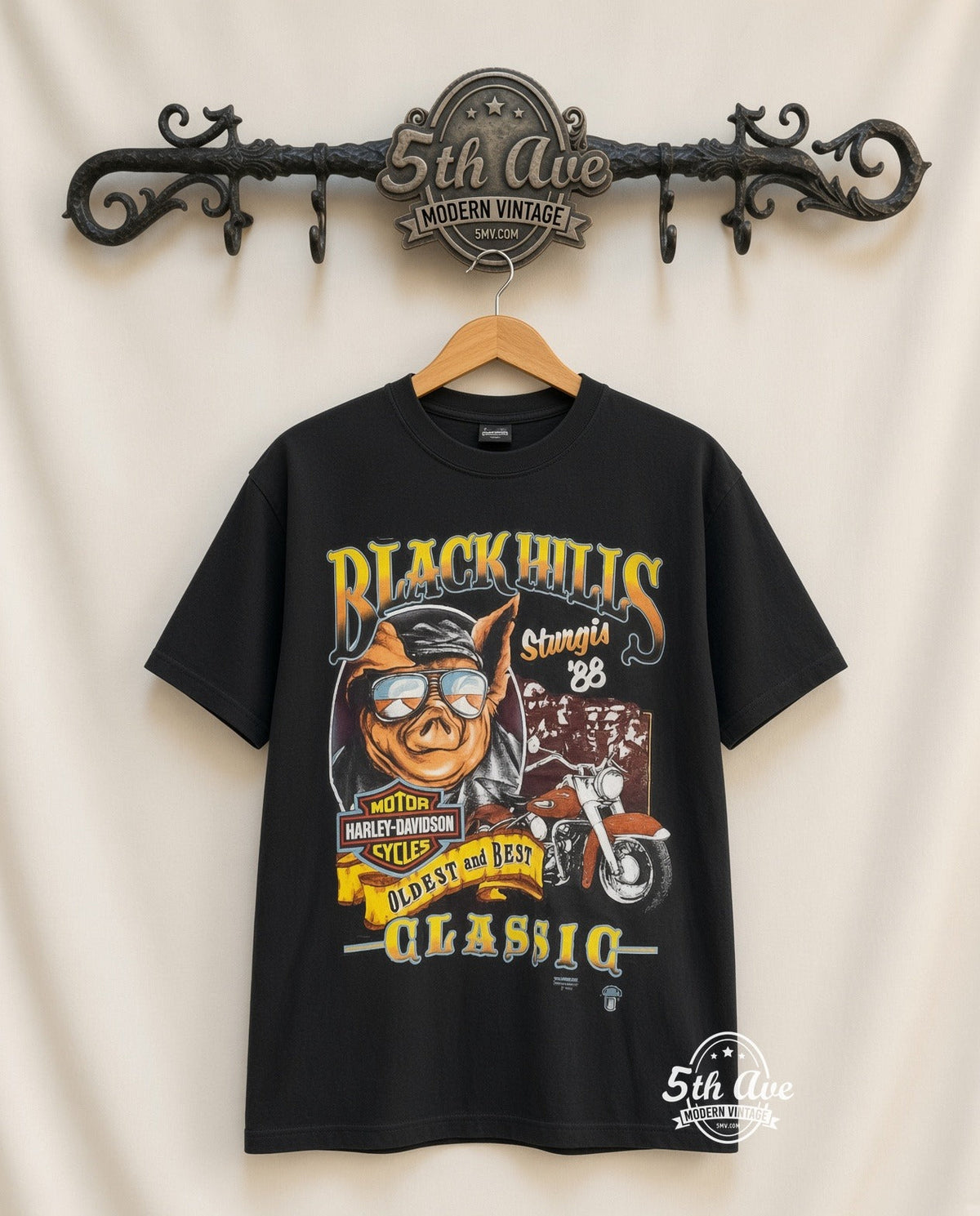 Harley-Davidson – Black Hills New Cumberland PA – Vintage Graphic Tee vintage tee on 5th Ave cream rack — front