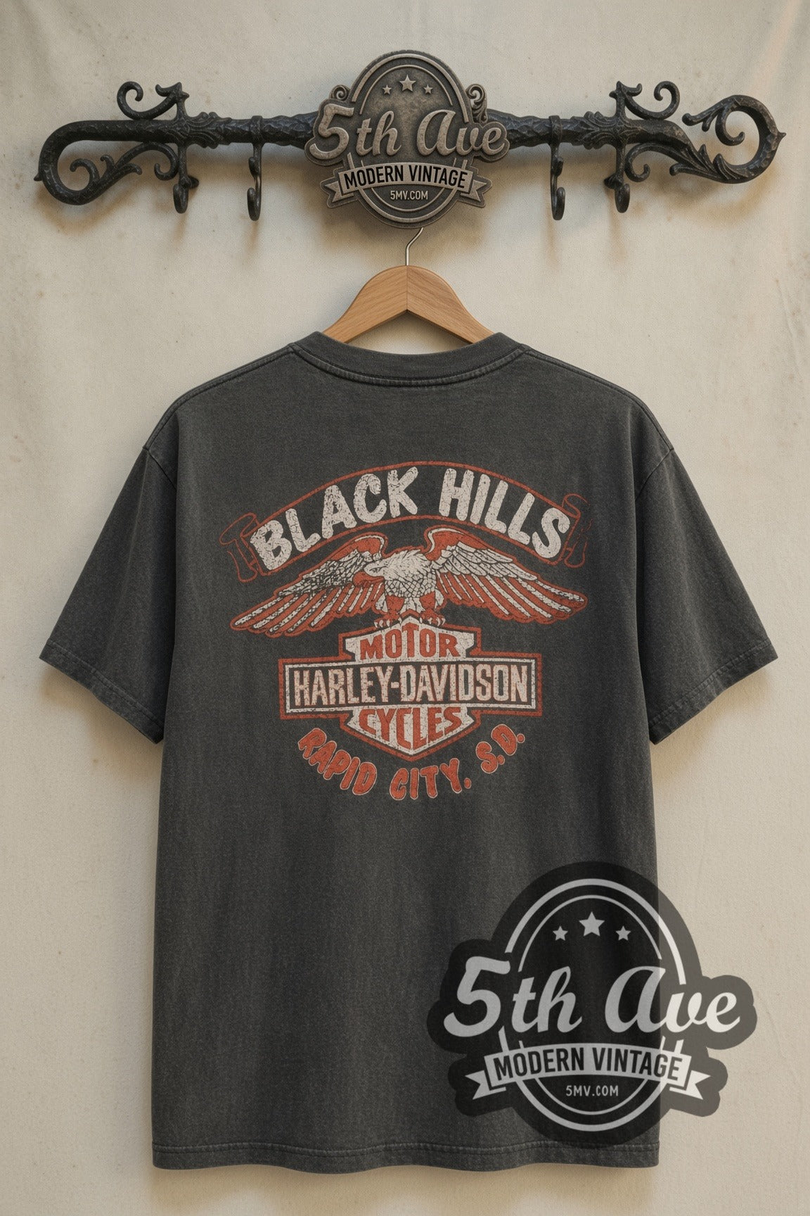 Back print of Harley-Davidson Black Hills Rally 1982 / Rapid City S.D. vintage Harley tee on 5th Ave rack