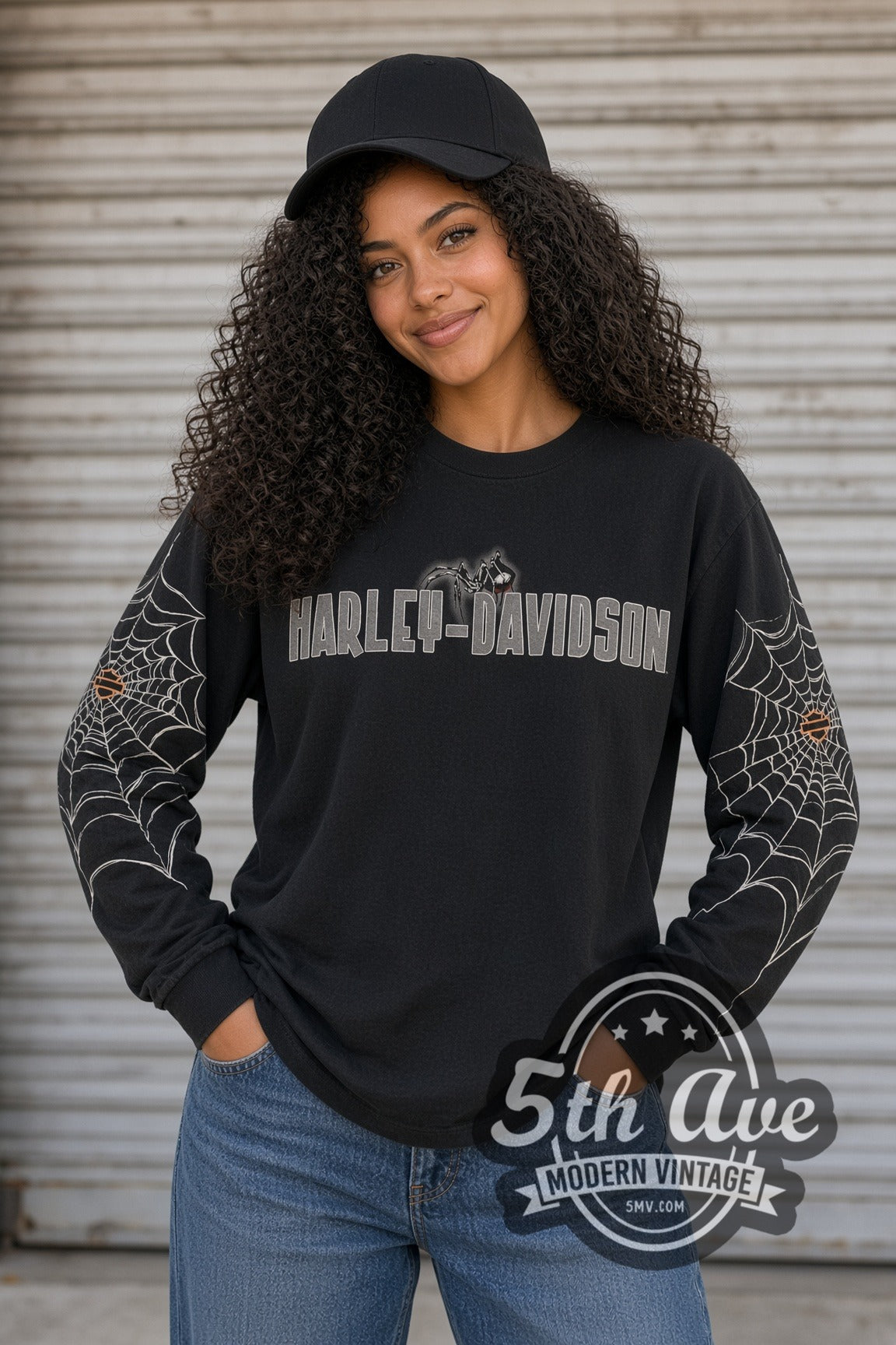 Woman wearing black Harley-Davidson Chicago Spider Wordmark & Skyline vintage Harley tee