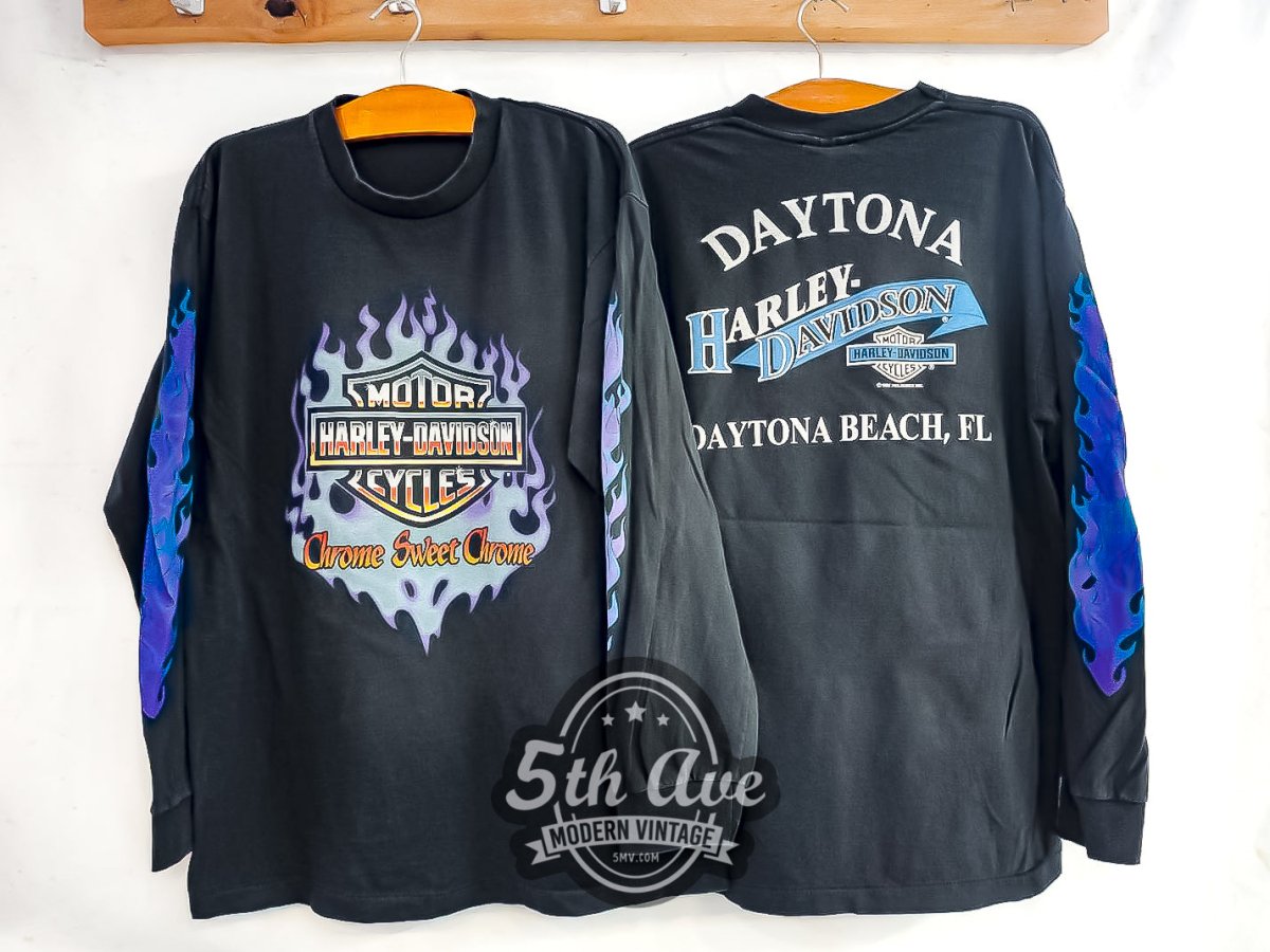 Harley Davidson 'Chrome Sweet Chrome' Daytona Beach - Long Sleeve Vintage Reprint T-Shirt - Vintage Band Shirts