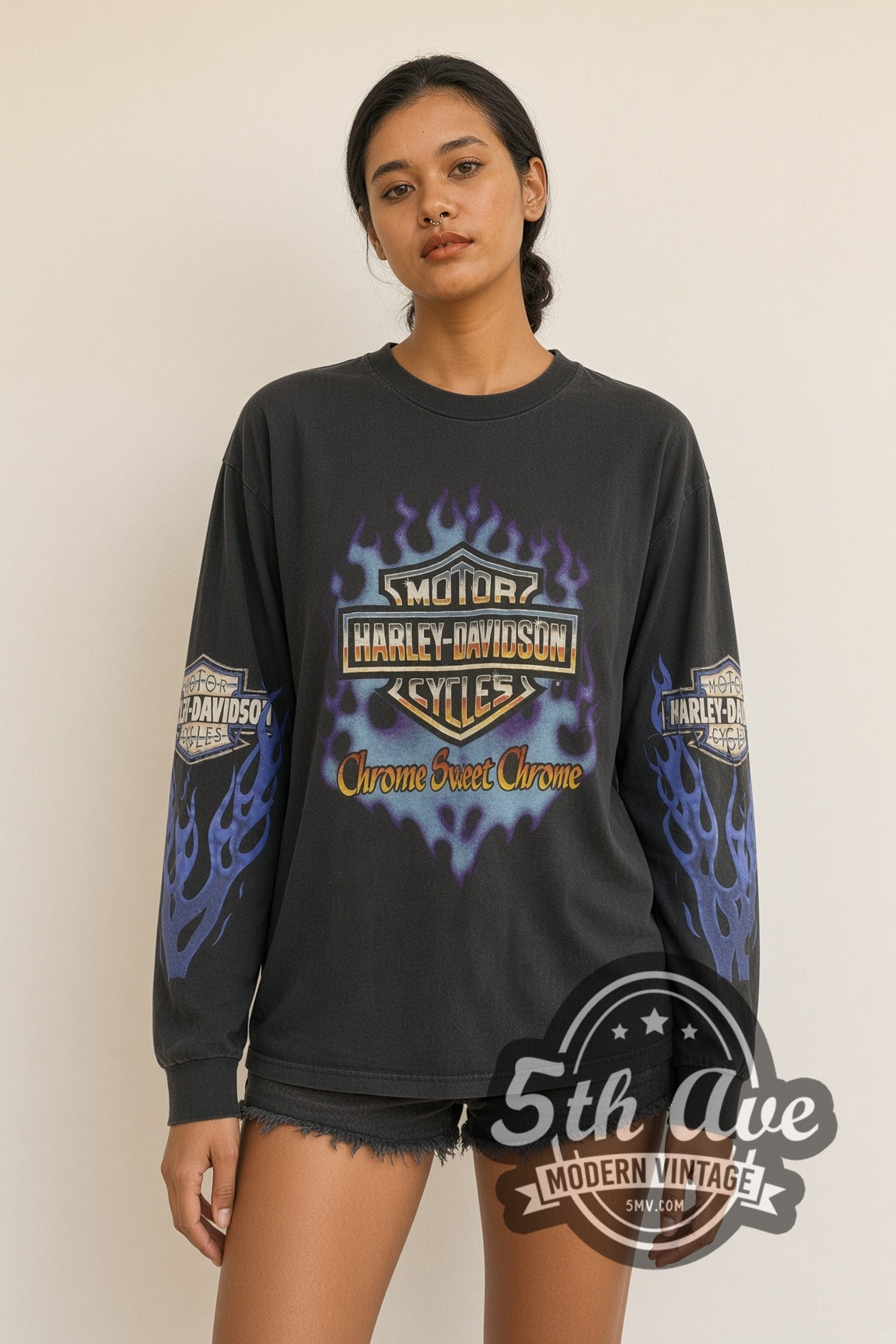Model wearing Harley-Davidson Chrome Sweet Chrome vintage graphic tee