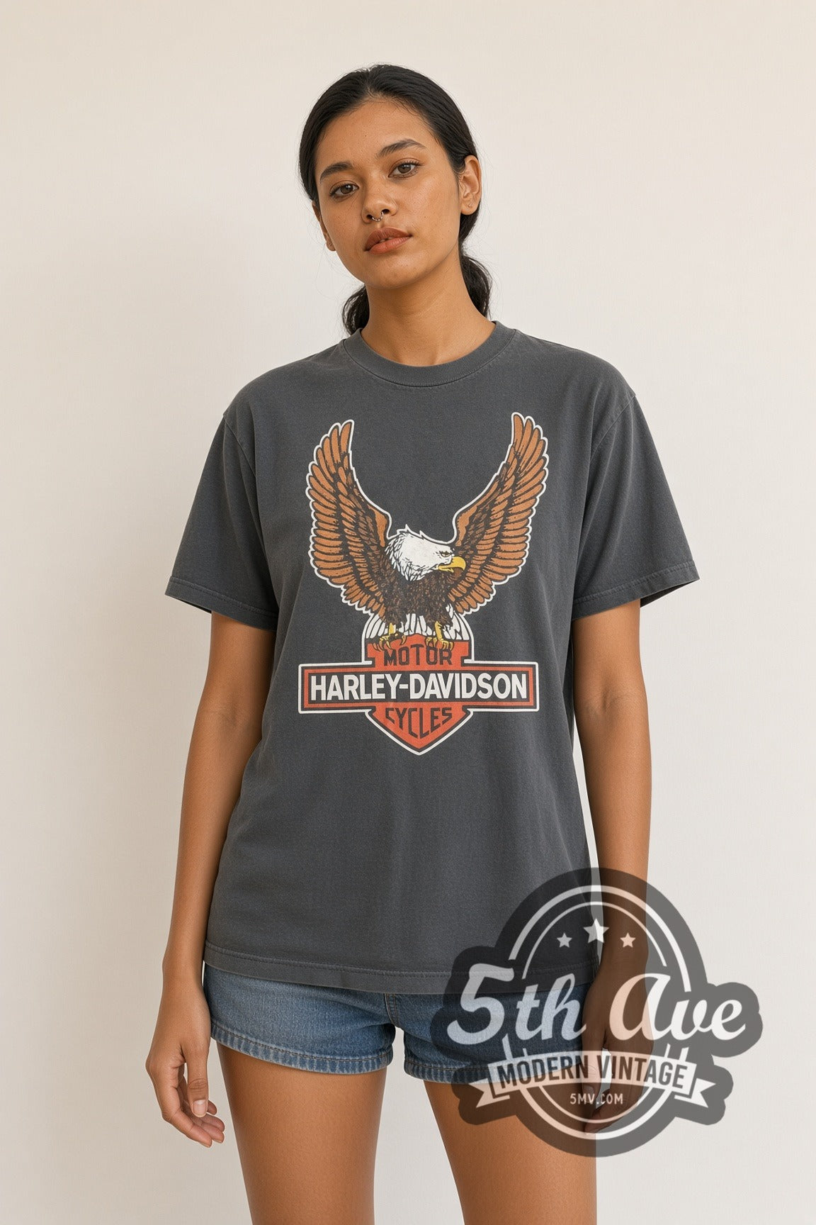 Model wearing Harley-Davidson Classic Eagle Bar and Shield Dealer Back vintage graphic tee