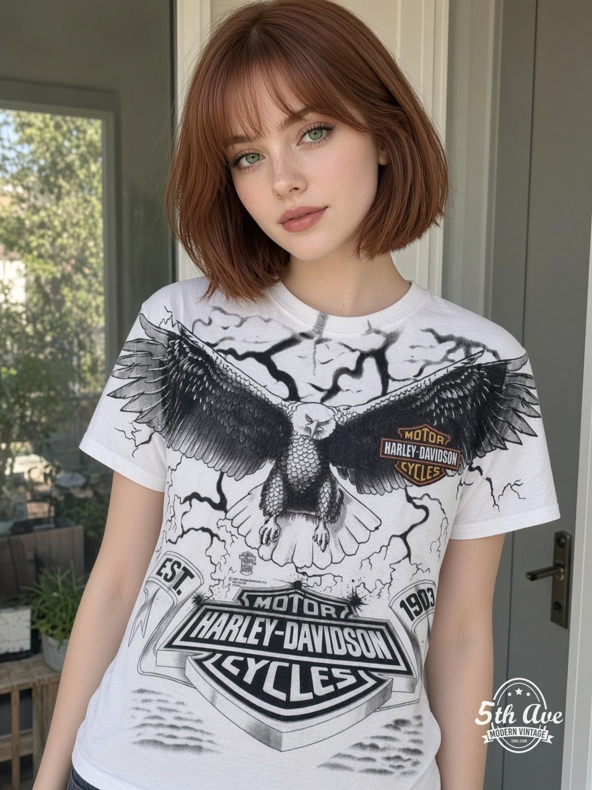 Harley-Davidson Eagle Lightning EST 1903 White all over print vintage tee model wearing