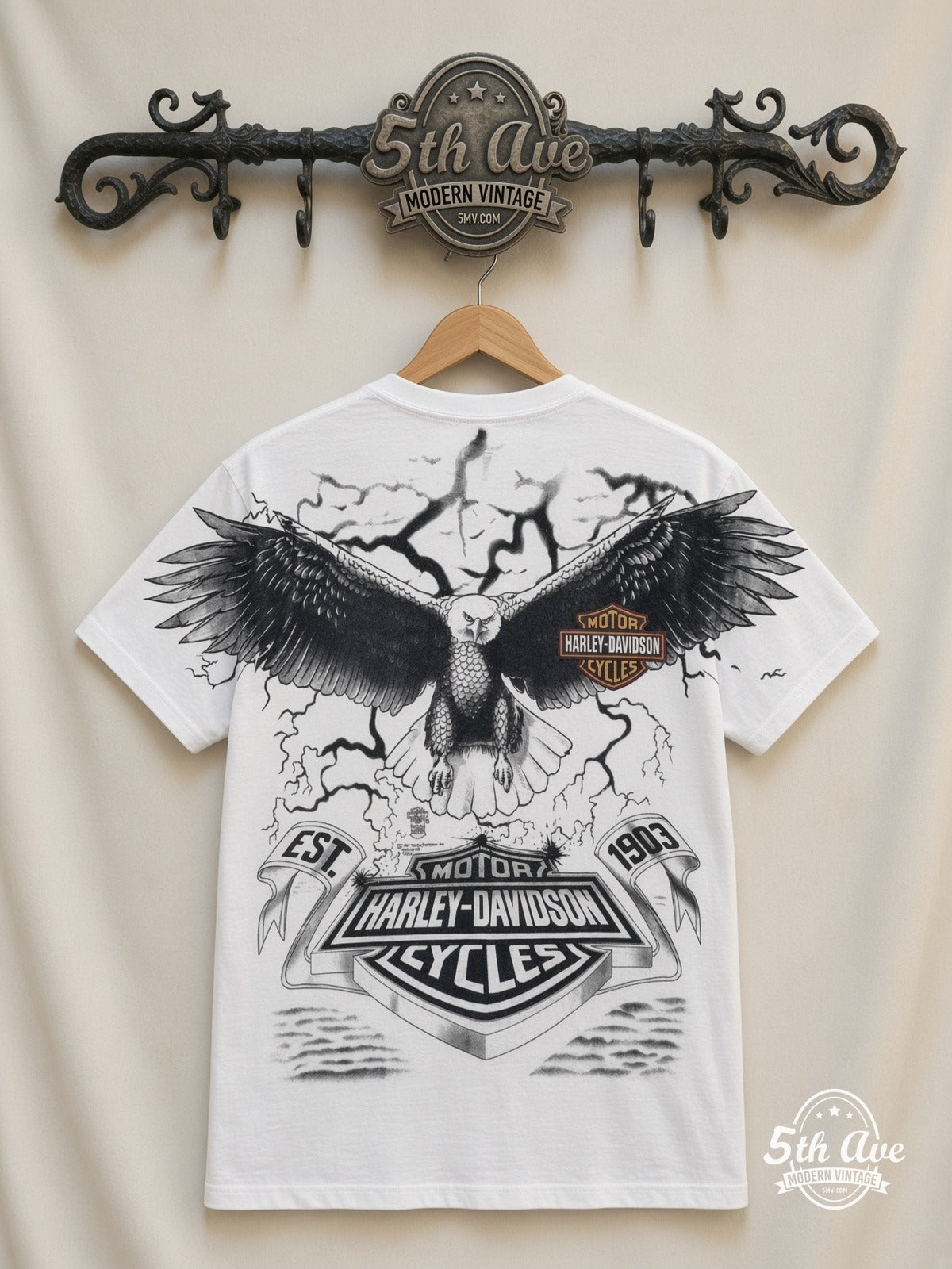 Harley-Davidson Eagle Lightning EST 1903 White all over print vintage tee back on cream 5th Ave rack