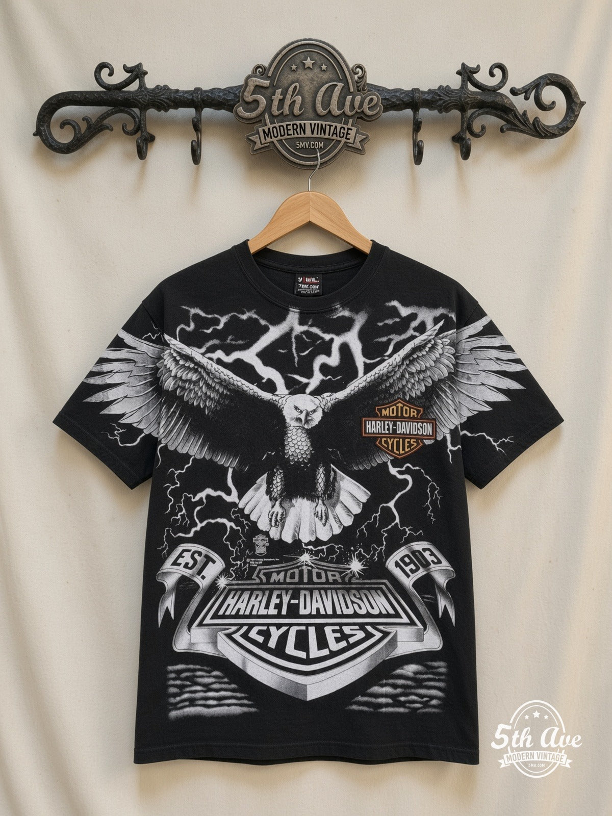 Harley-Davidson Eagle Lightning EST 1903 all over print vintage graphic tee front on cream 5th Ave rack