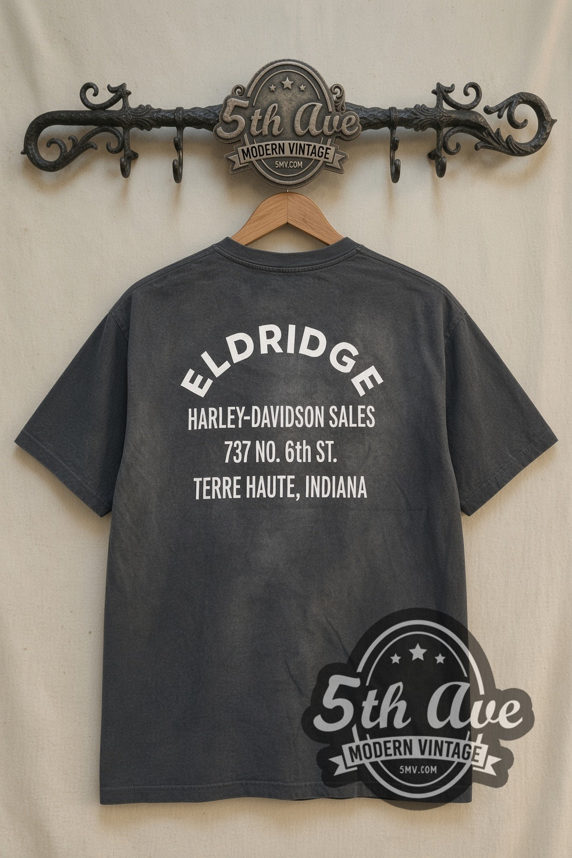 Harley-Davidson Eldridge #1 Shield vintage graphic tee back on cream 5th Ave rack