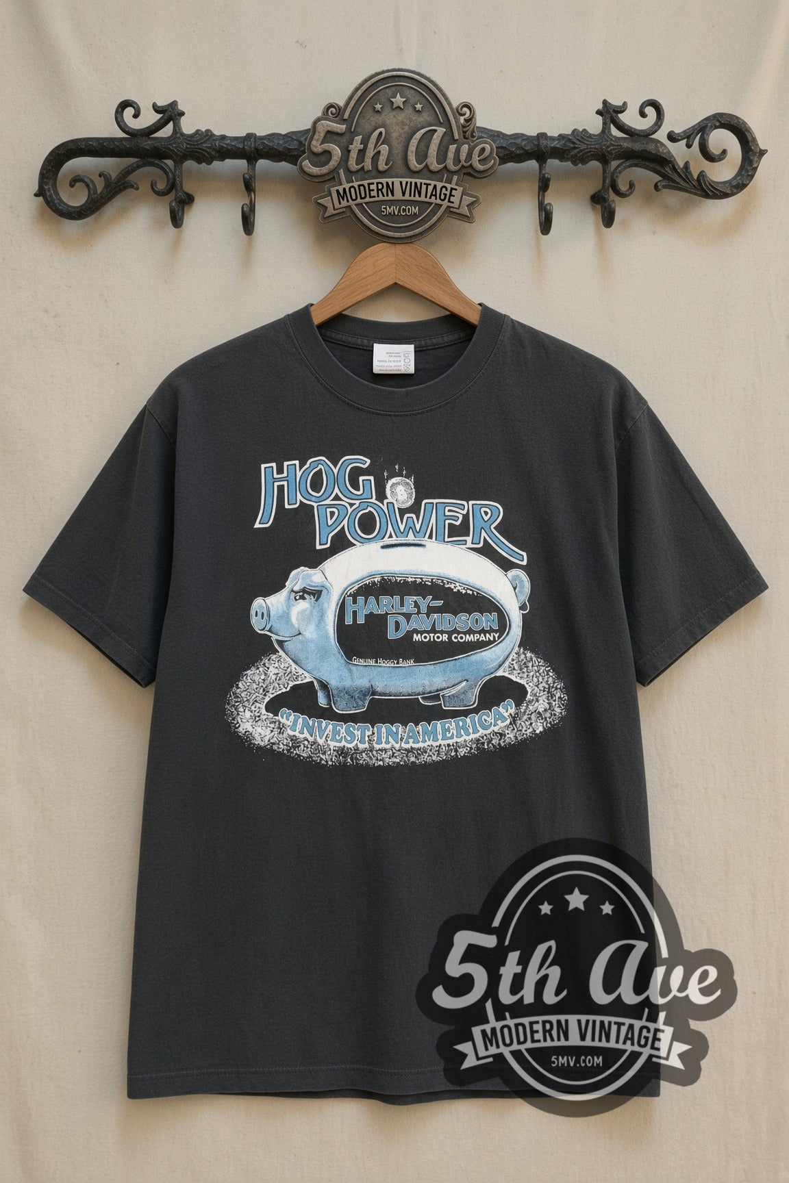Harley-Davidson Hog Power Invest in America Piggy Bank vintage graphic tee front on cream 5th Ave rack